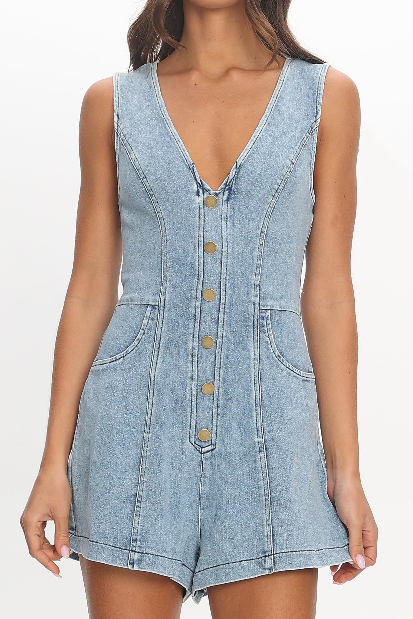 Chapelle V-Neck Button Romper Denim Blue - Image 4
