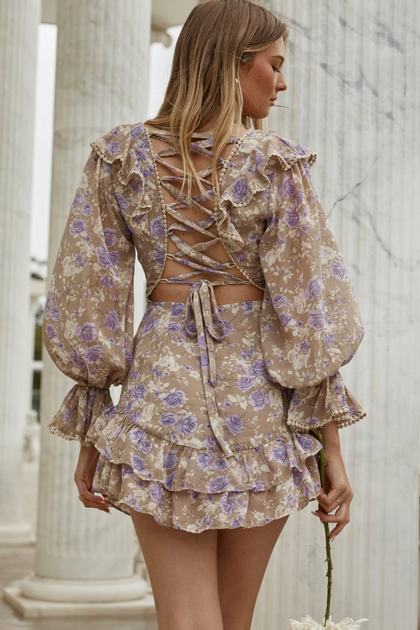 Charade Long Sleeve Corset Back Dress Floral Print Lilac - Image 2