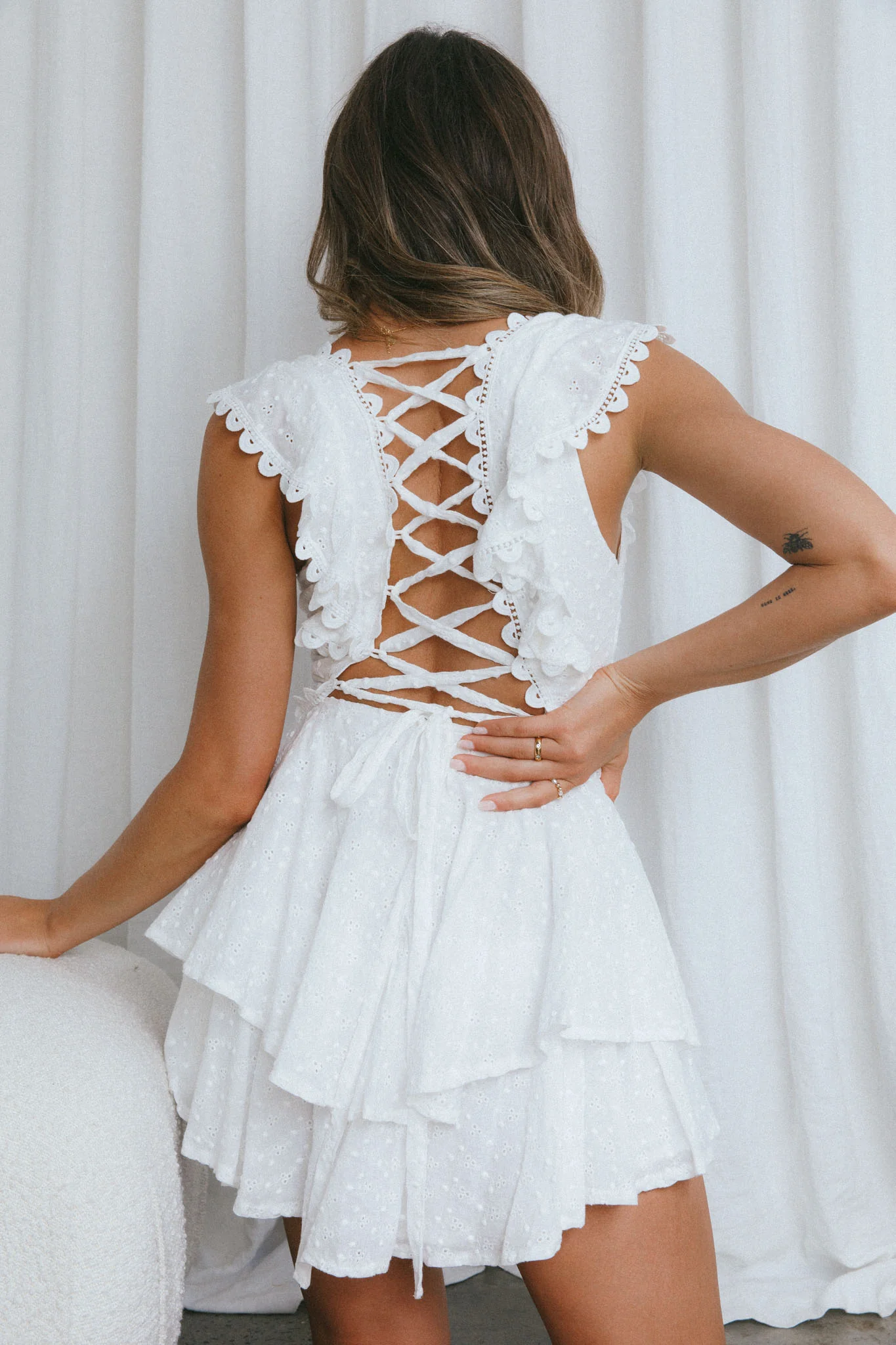 Charade Ruffle Shoulder Corset Back Eyelet Dress White - Image 2