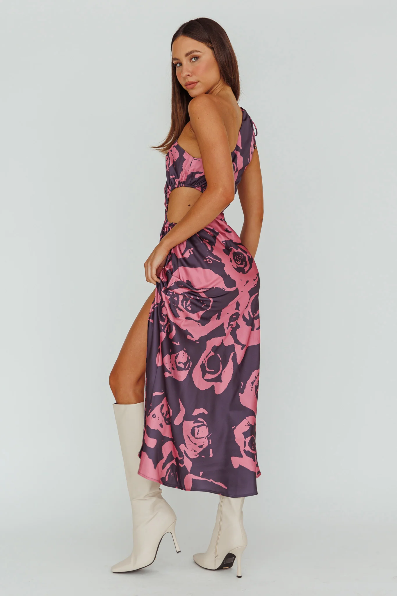 Charisma One-Shoulder Cut-Out Maxi Dress Floral Purple - Image 2
