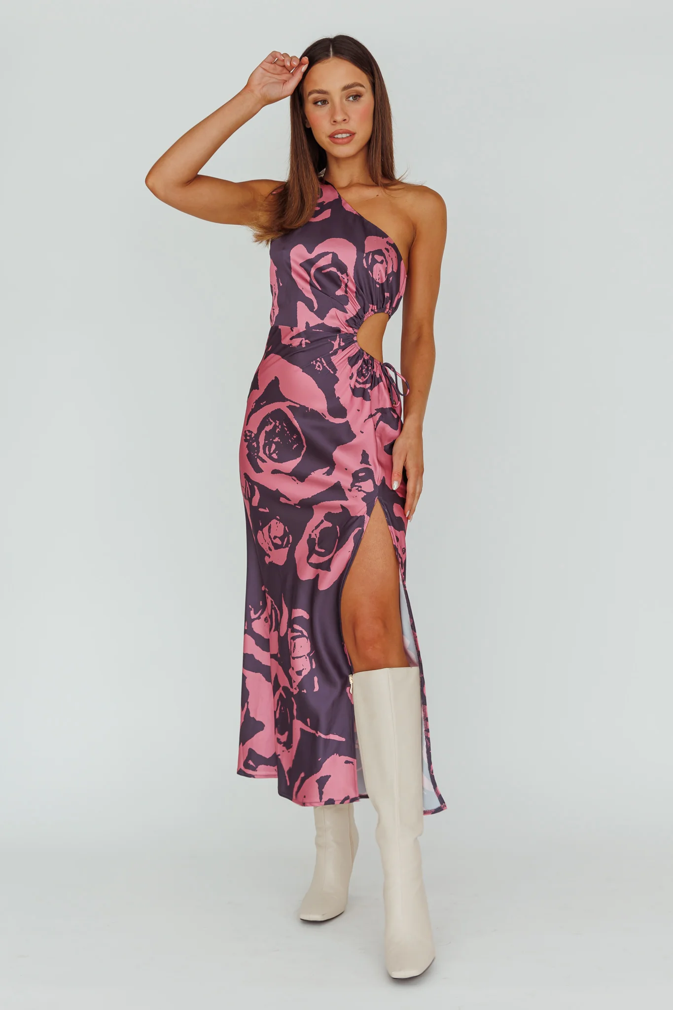 Charisma One-Shoulder Cut-Out Maxi Dress Floral Purple - Image 3