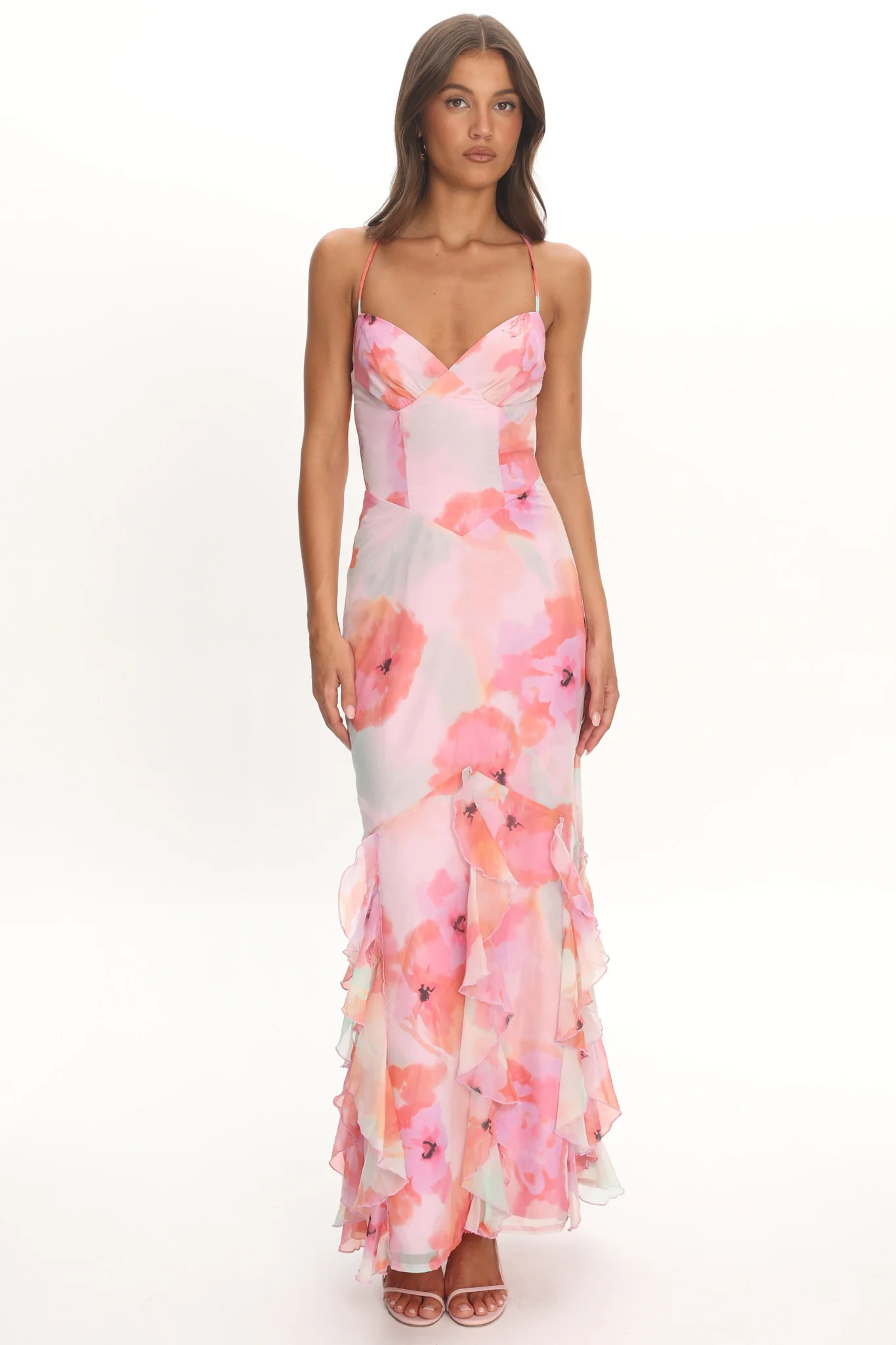 Charlisa Strappy Back Ruffle Maxi Dress Flowers Pink - Image 5