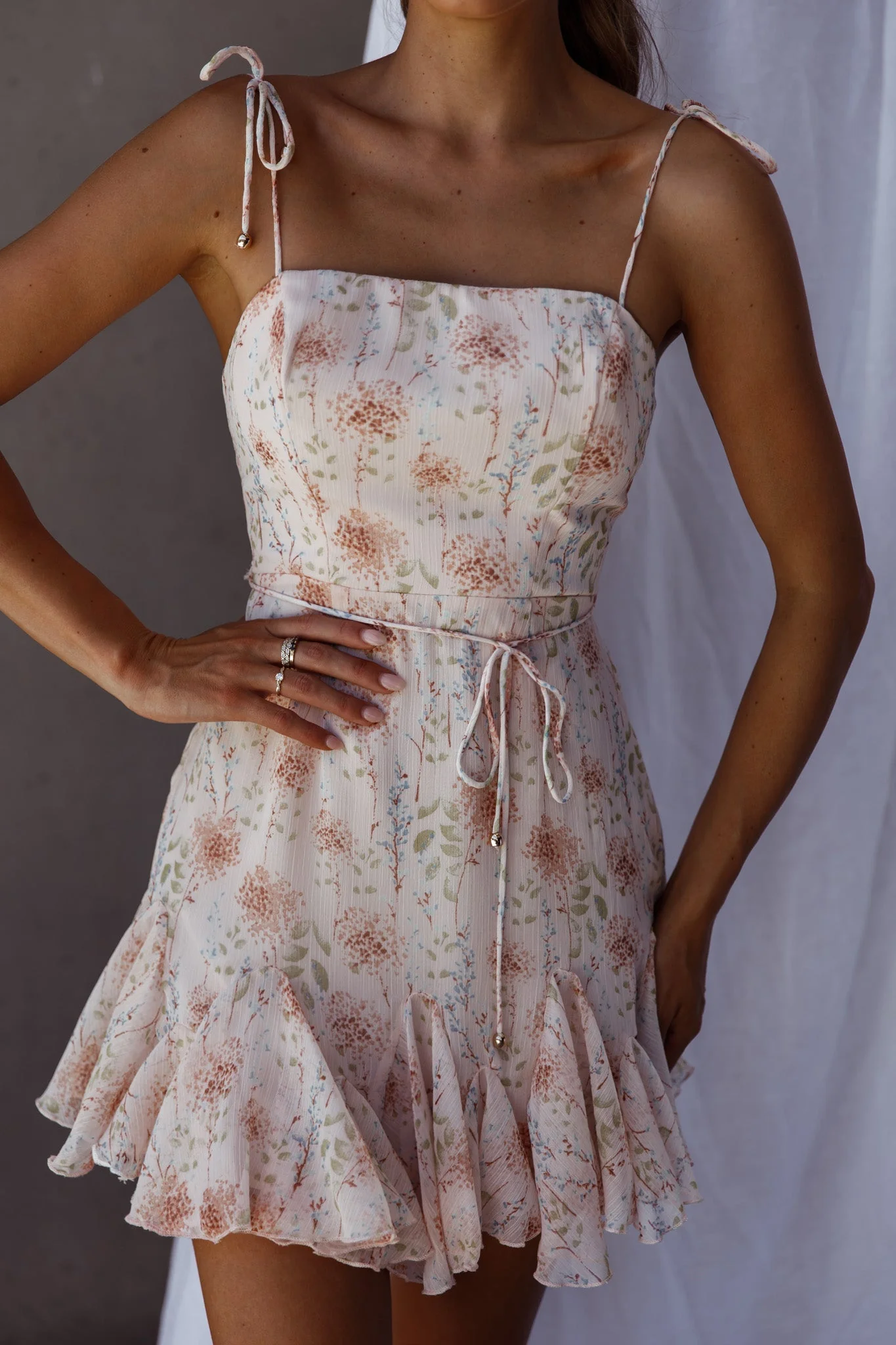 Charliza String Tie Godet Hem Dress Floral Peach - Image 3