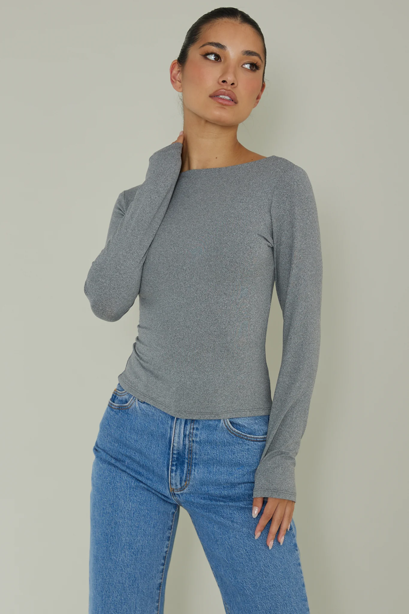 Cheers Boat Neck Long Sleeve Top Grey - Image 5
