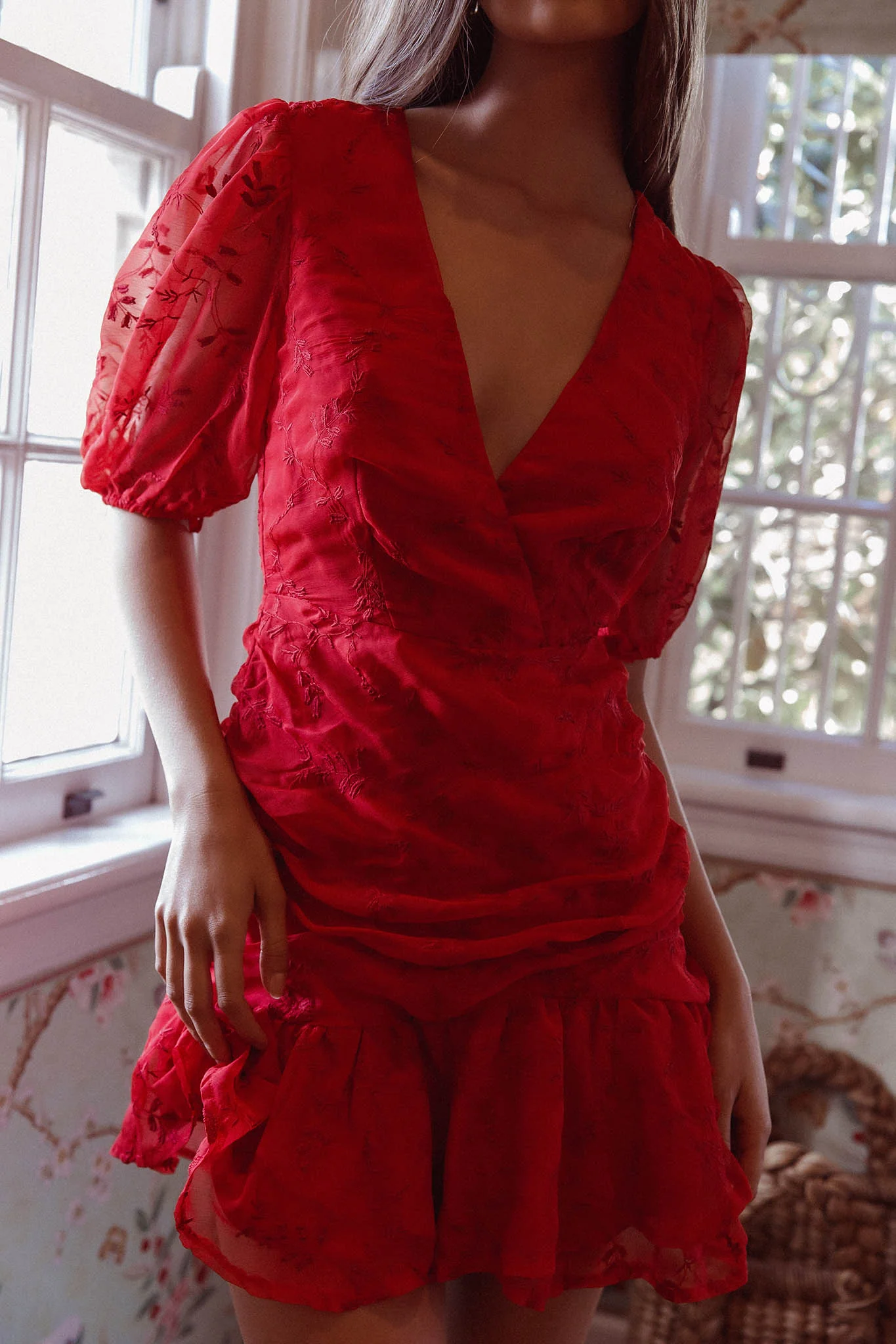 Cherry Blossom Puff Sleeve Wide Ruffle Hem Dress Red - Image 4