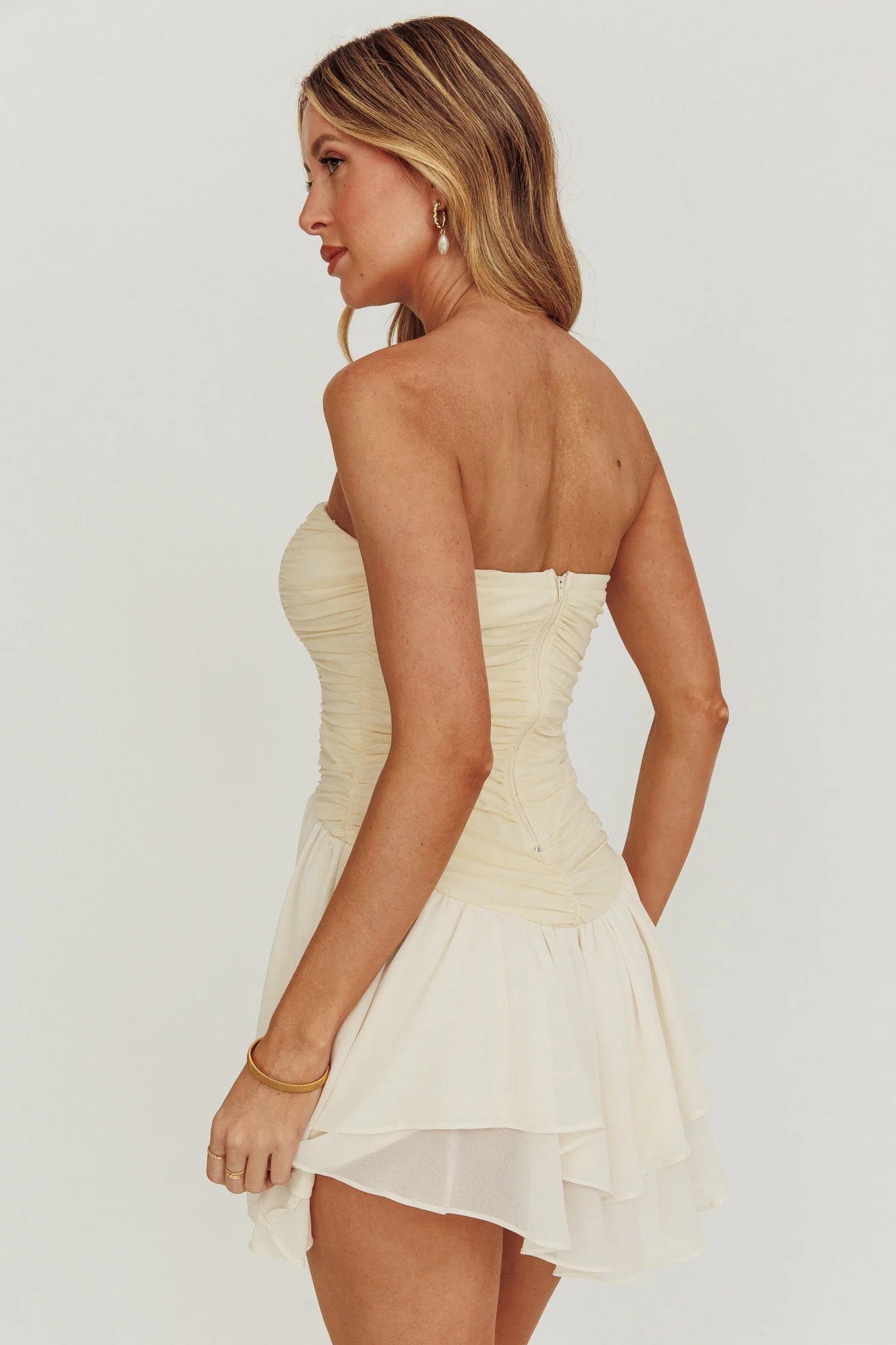 Cherry Lips Strapless Chiffon Mini Dress Cream - Image 2