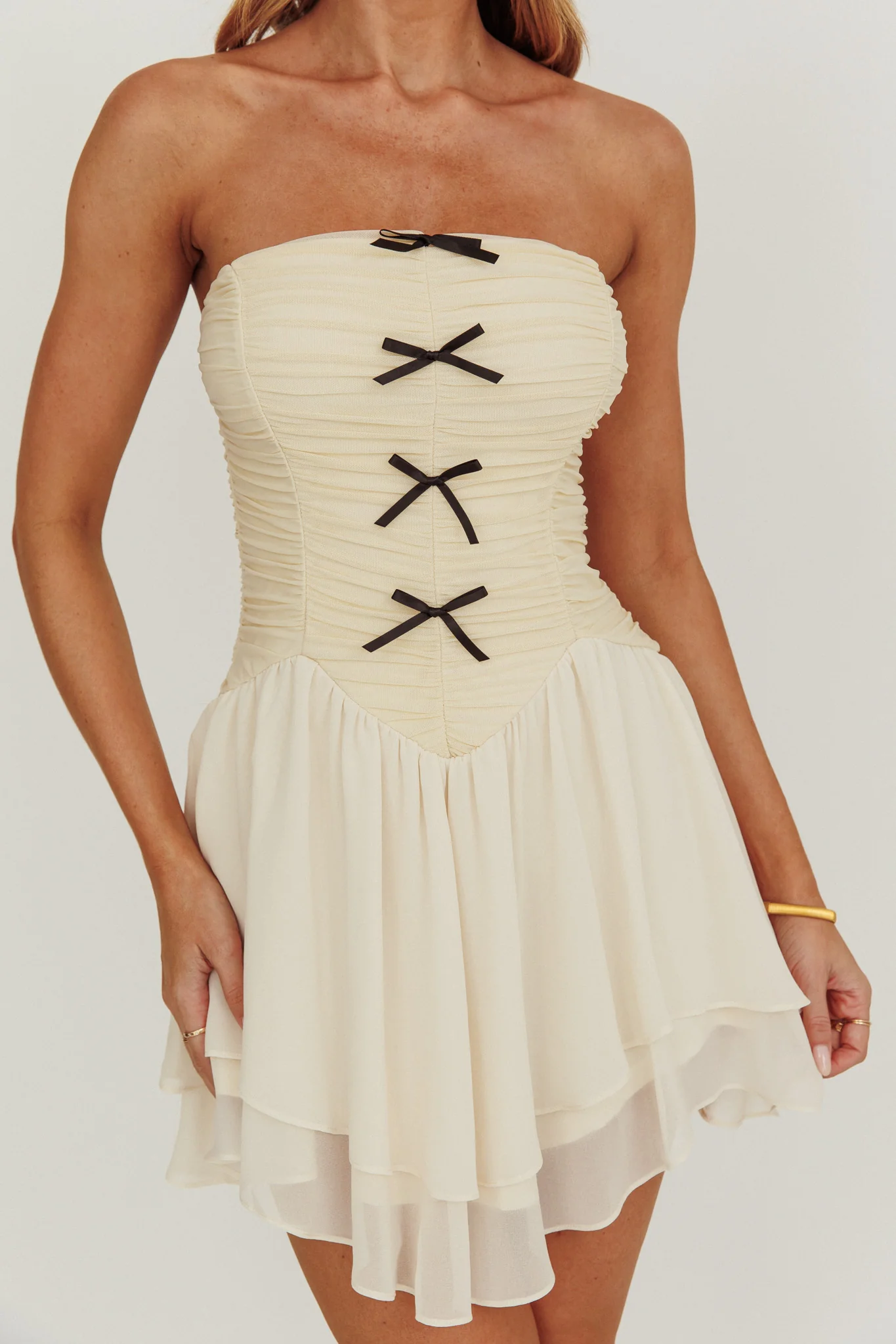 Cherry Lips Strapless Chiffon Mini Dress Cream - Image 4