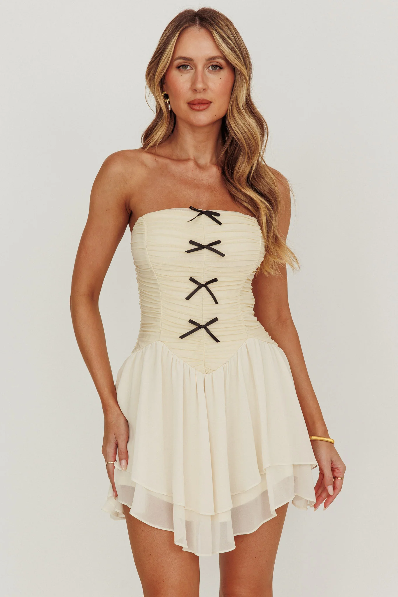 Cherry Lips Strapless Chiffon Mini Dress Cream - Image 5