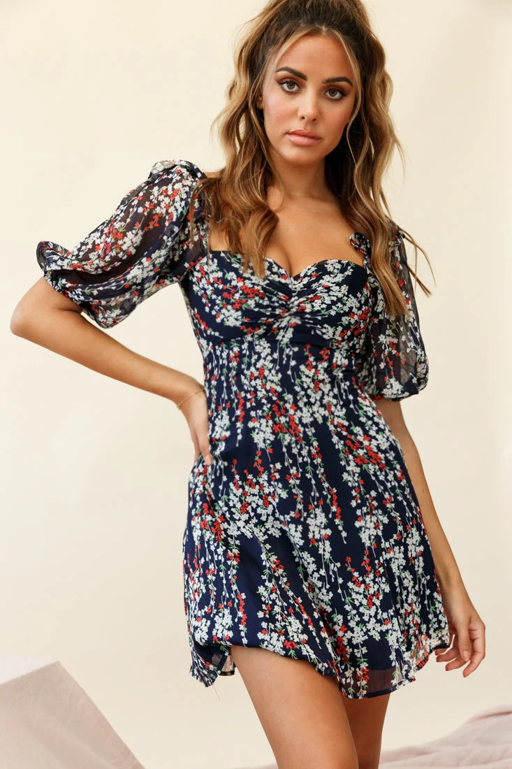 Cherub Puff Sleeve Sweetheart Neckline Dress Floral Print Navy - Image 3