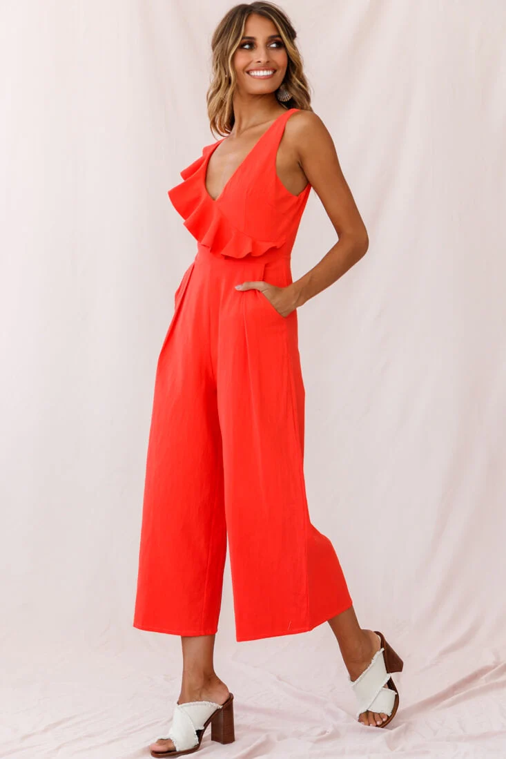Cheryl Ruffle Strap Wide Leg Jumpsuit Tangerine - Image 2
