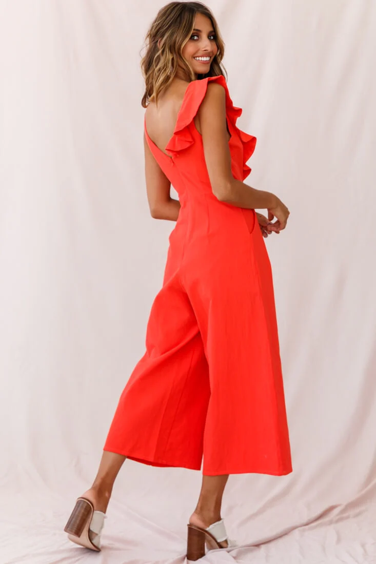 Cheryl Ruffle Strap Wide Leg Jumpsuit Tangerine - Image 3