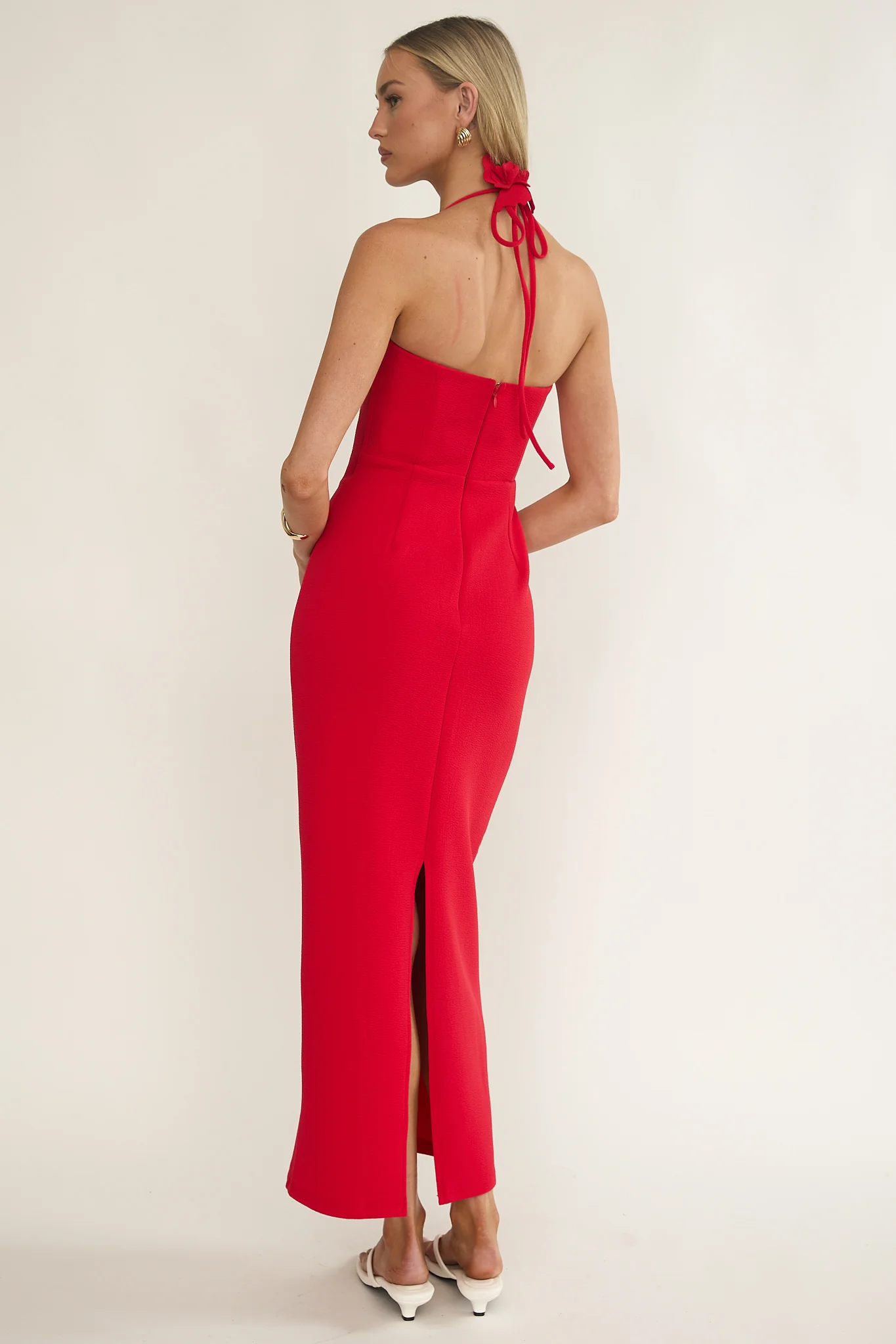 Chez Halterneck Textured Maxi Dress Red - Image 3