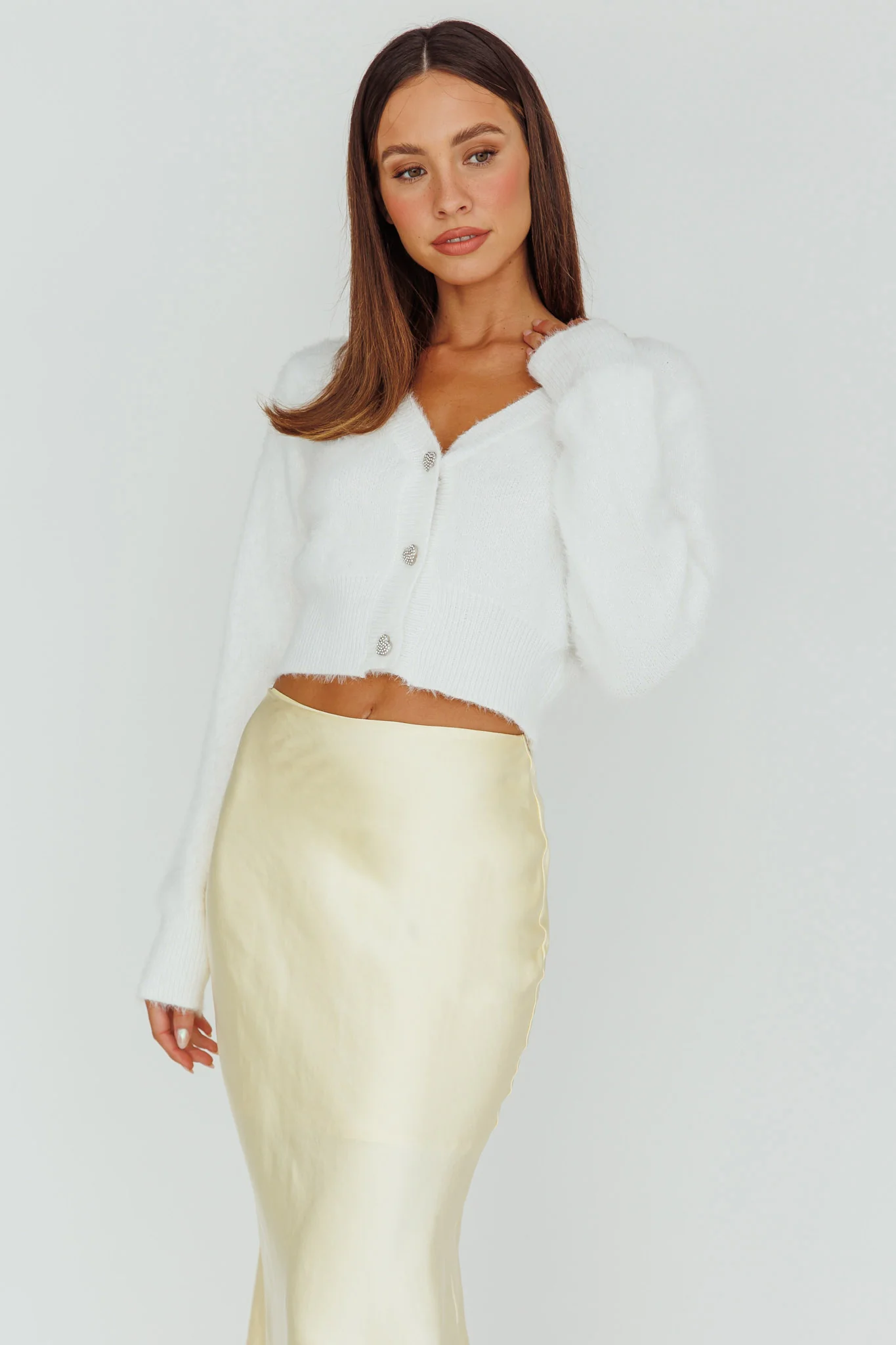 Chica Dulce Heart Button Knit Crop Top Cream - Image 5
