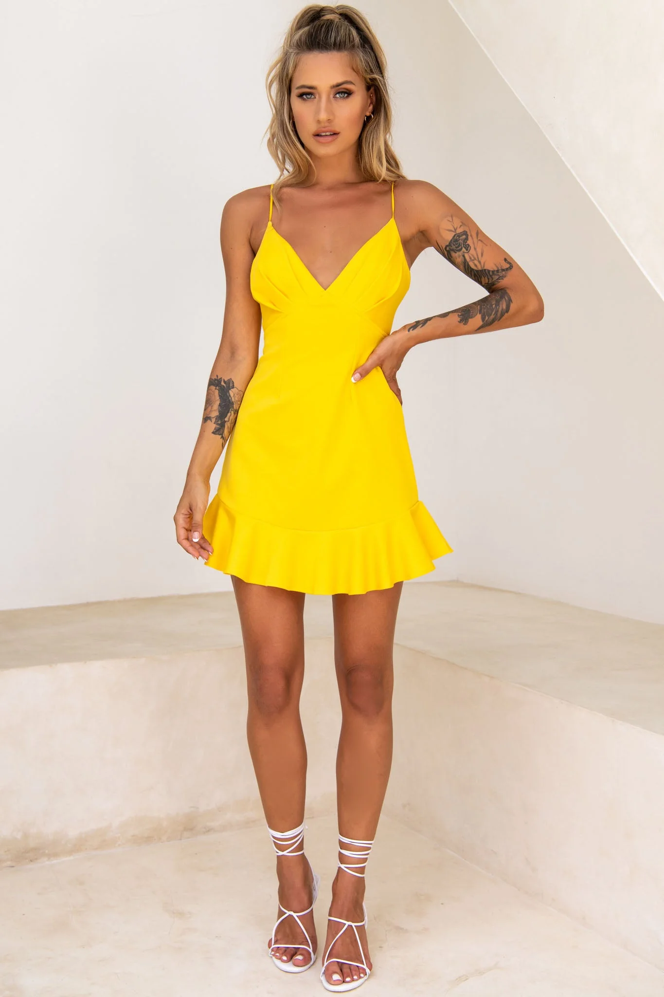 Chicago Pleated Bust Cami Strap Dress Yellow - Image 3