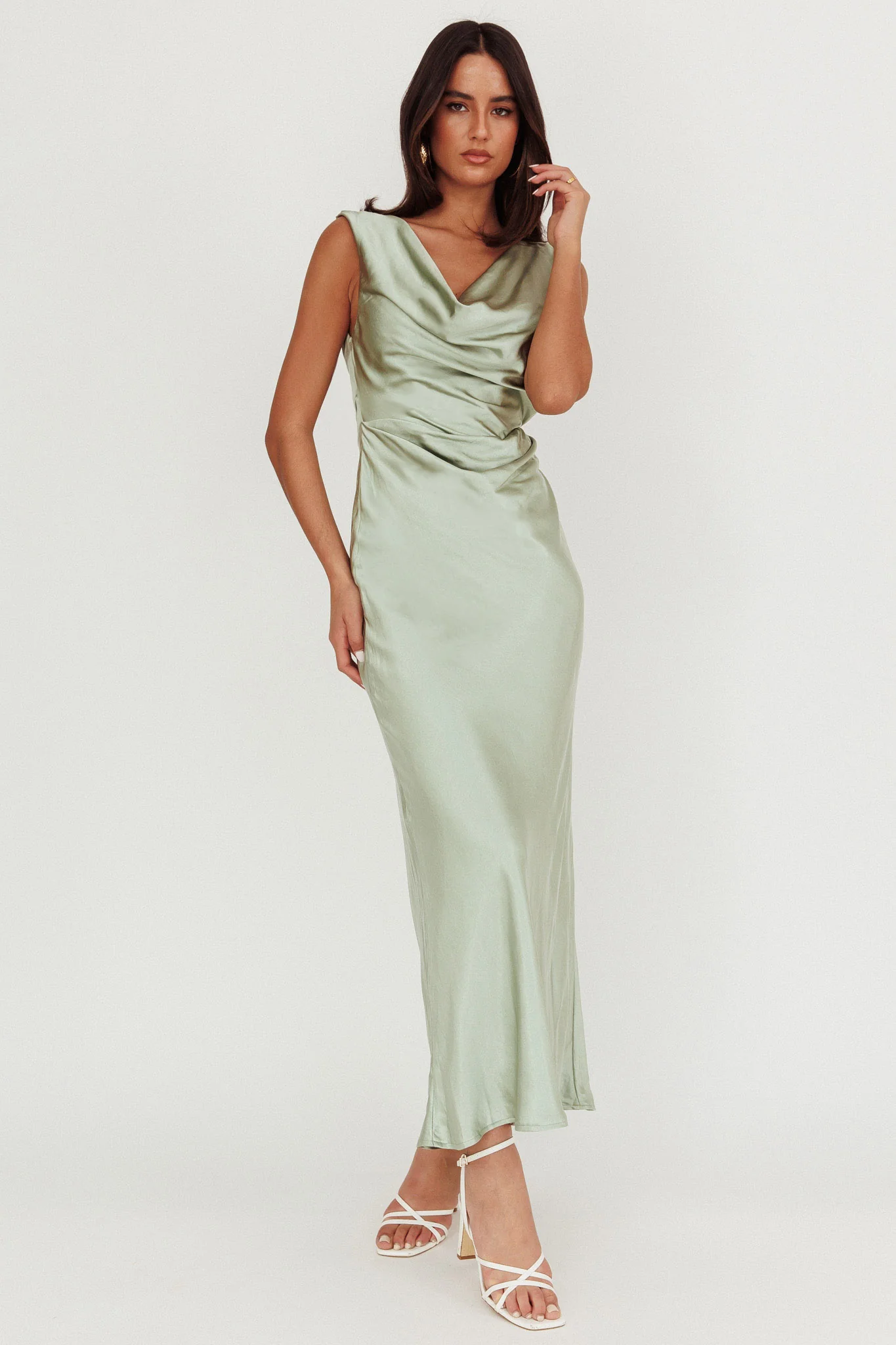 Chills Cowl Neck Satin Maxi Dress Sage - Image 3