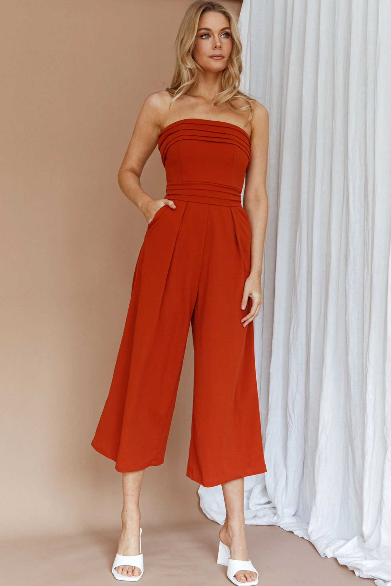 Chosen Strapless Wide Leg Jumpsuit Orange - Image 7