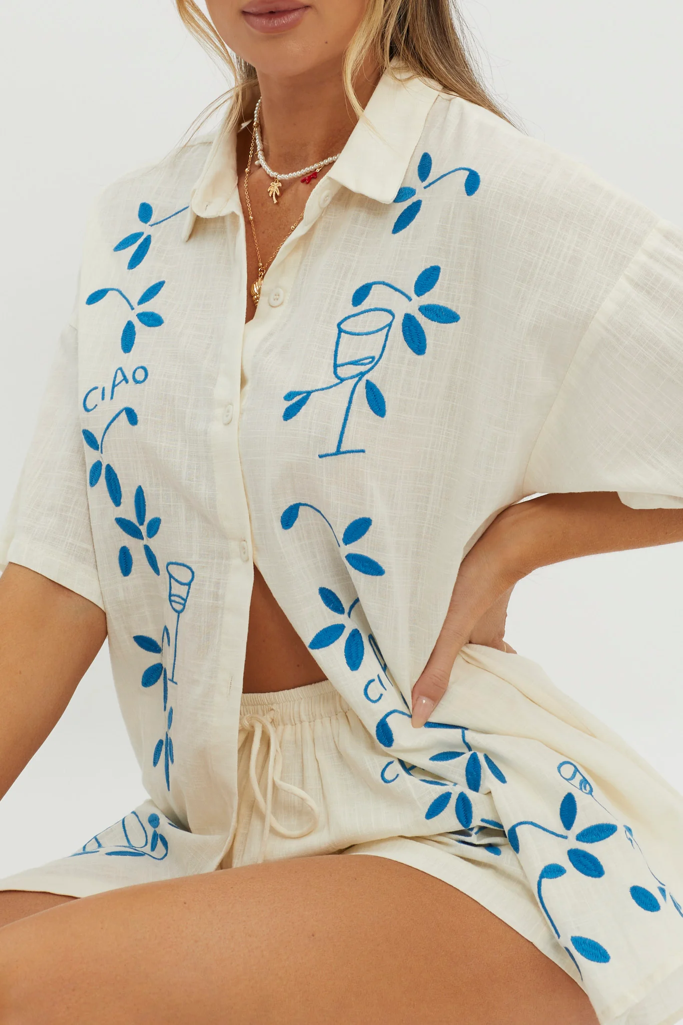 Ciao Ciao Embroidered Button-Up Shirt Beige - Image 4