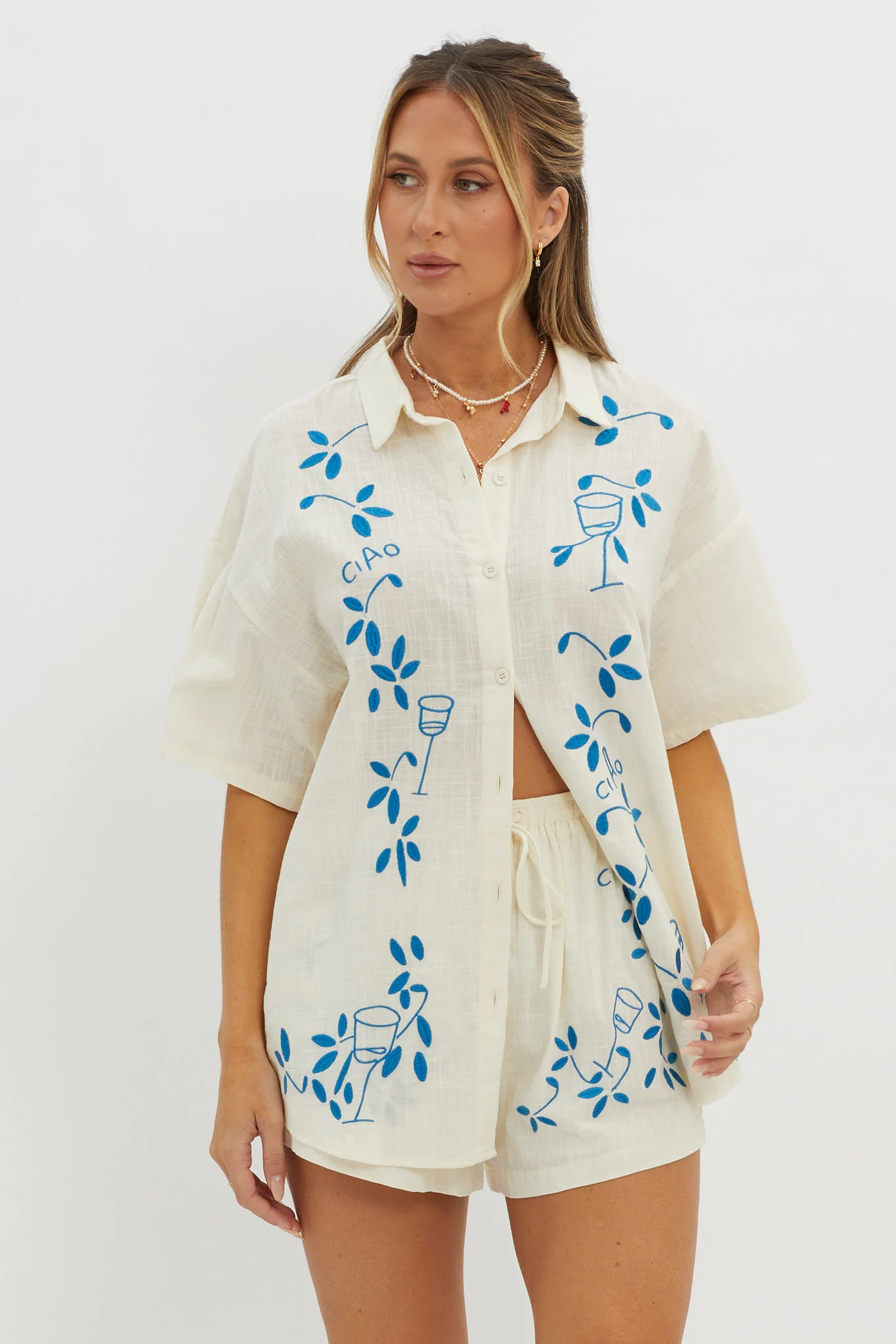 Ciao Ciao Embroidered Button-Up Shirt Beige - Image 5