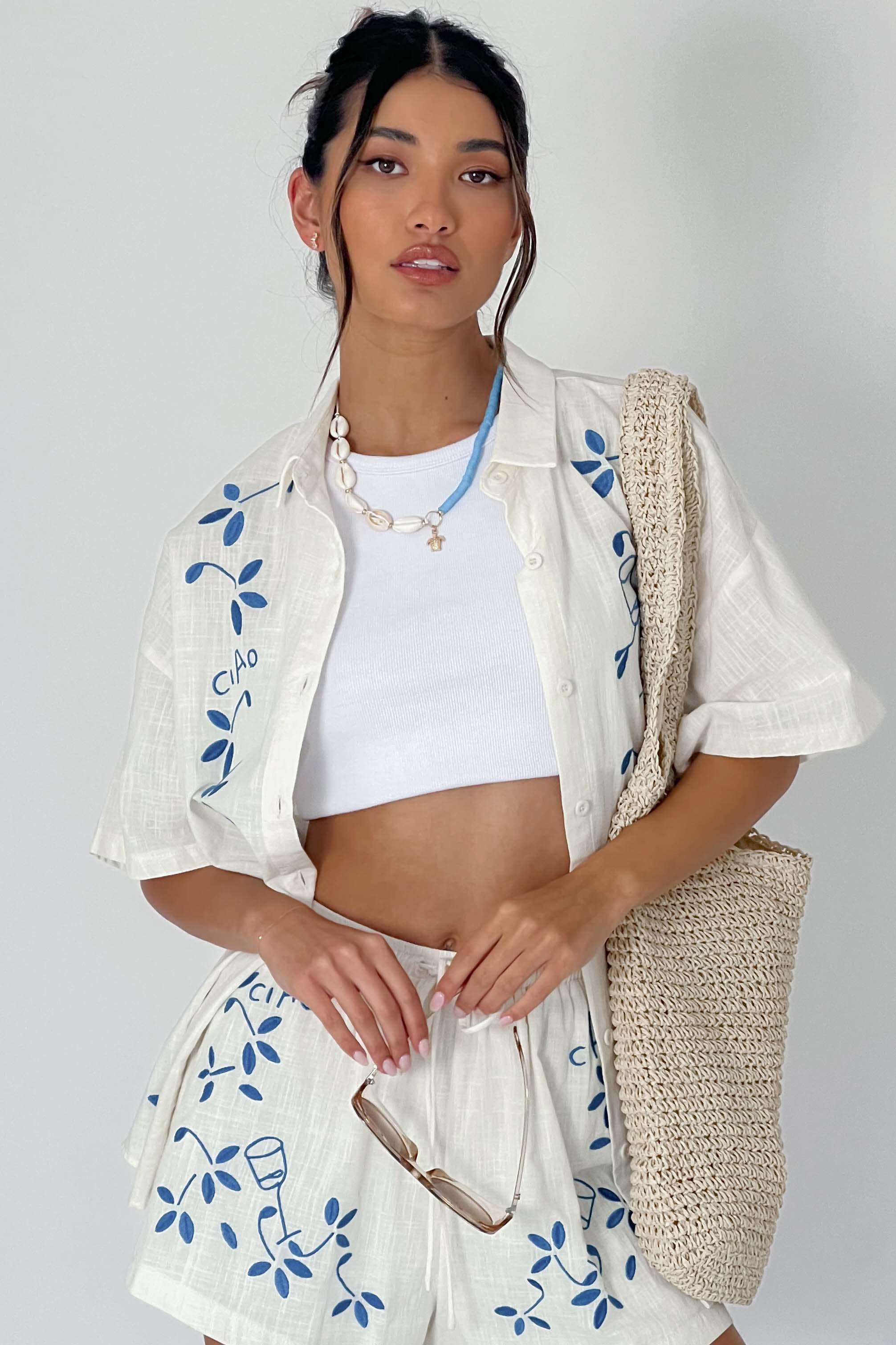 Ciao Ciao Embroidered Button-Up Shirt Beige - Image 6