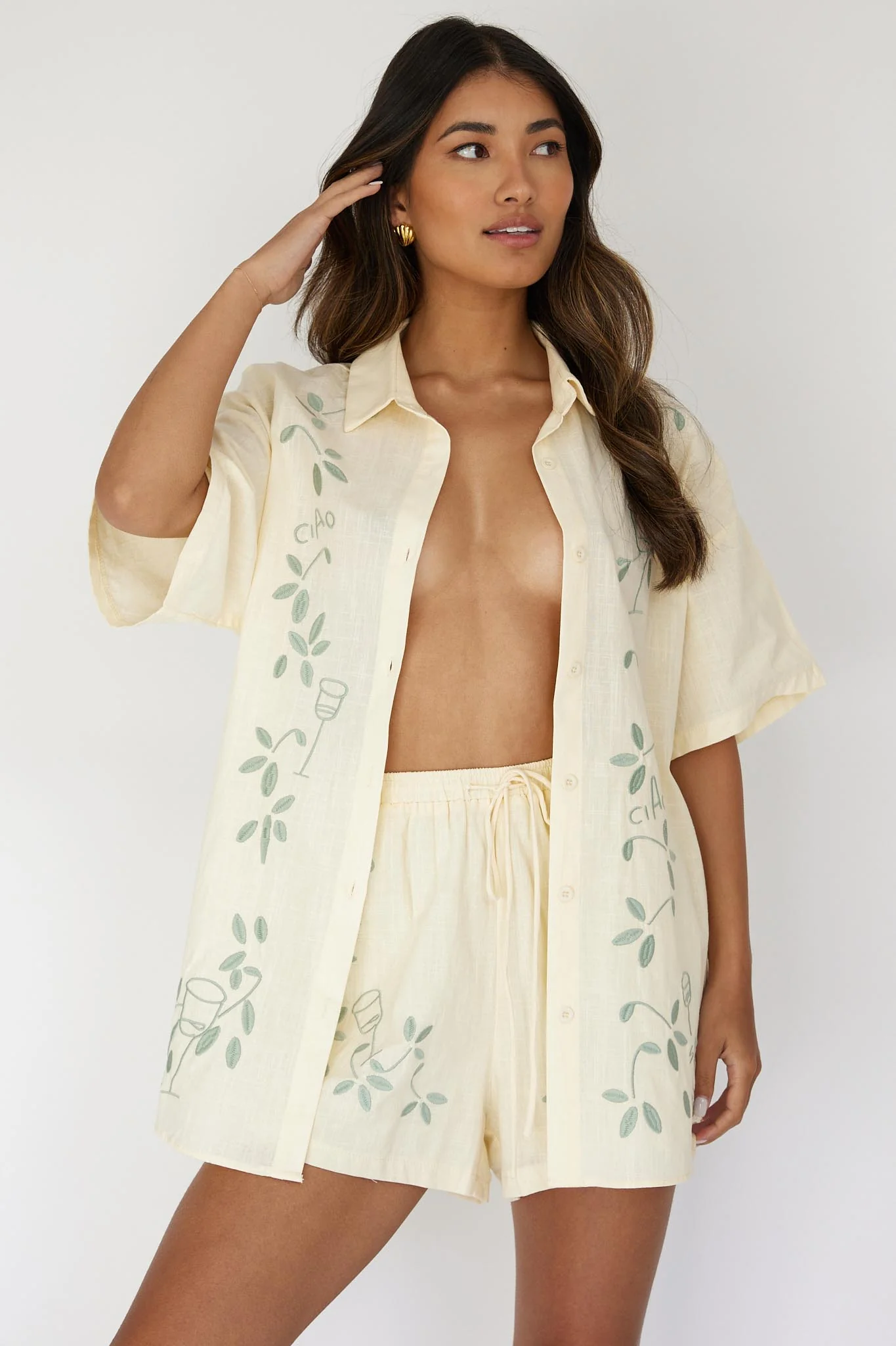 Ciao Ciao Embroidered Button-Up Shirt Butter - Image 2