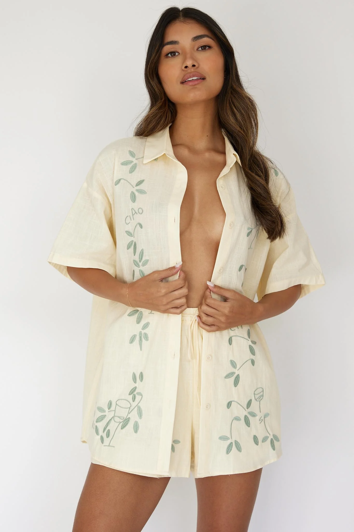 Ciao Ciao Embroidered Button-Up Shirt Butter - Image 5