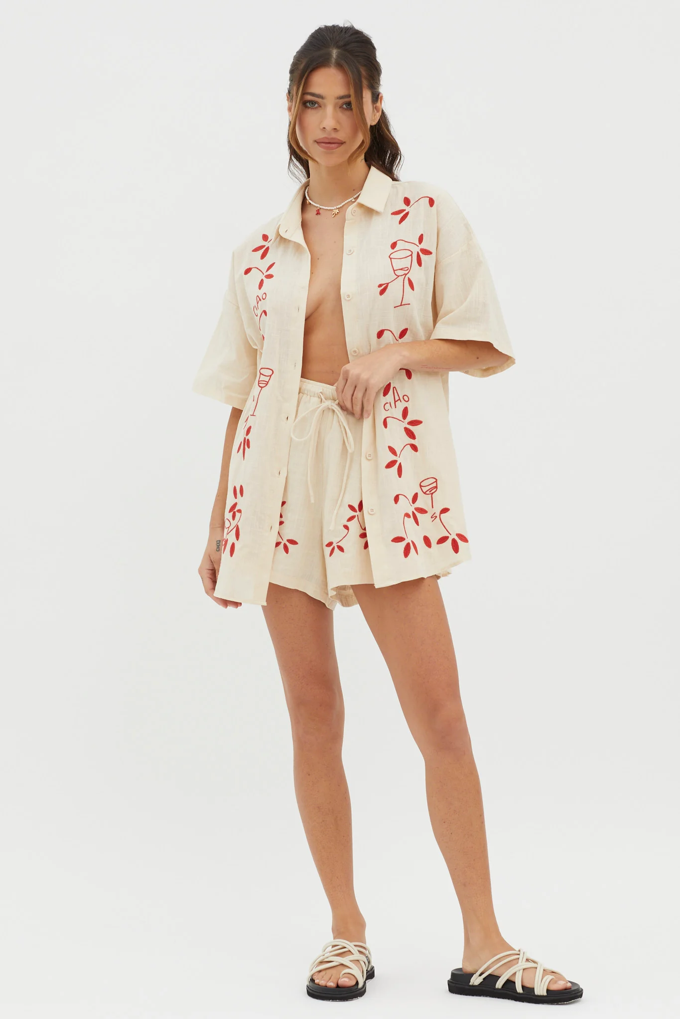 Ciao Ciao Embroidered Button-Up Shirt Oat - Image 3