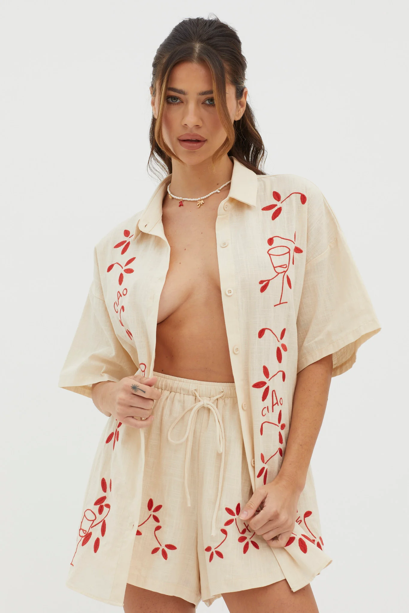 Ciao Ciao Embroidered Button-Up Shirt Oat - Image 5