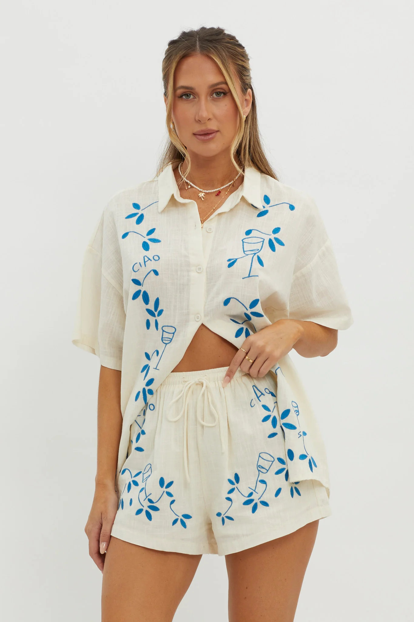 Ciao Ciao Embroidered Drawstring Shorts Beige - Image 2
