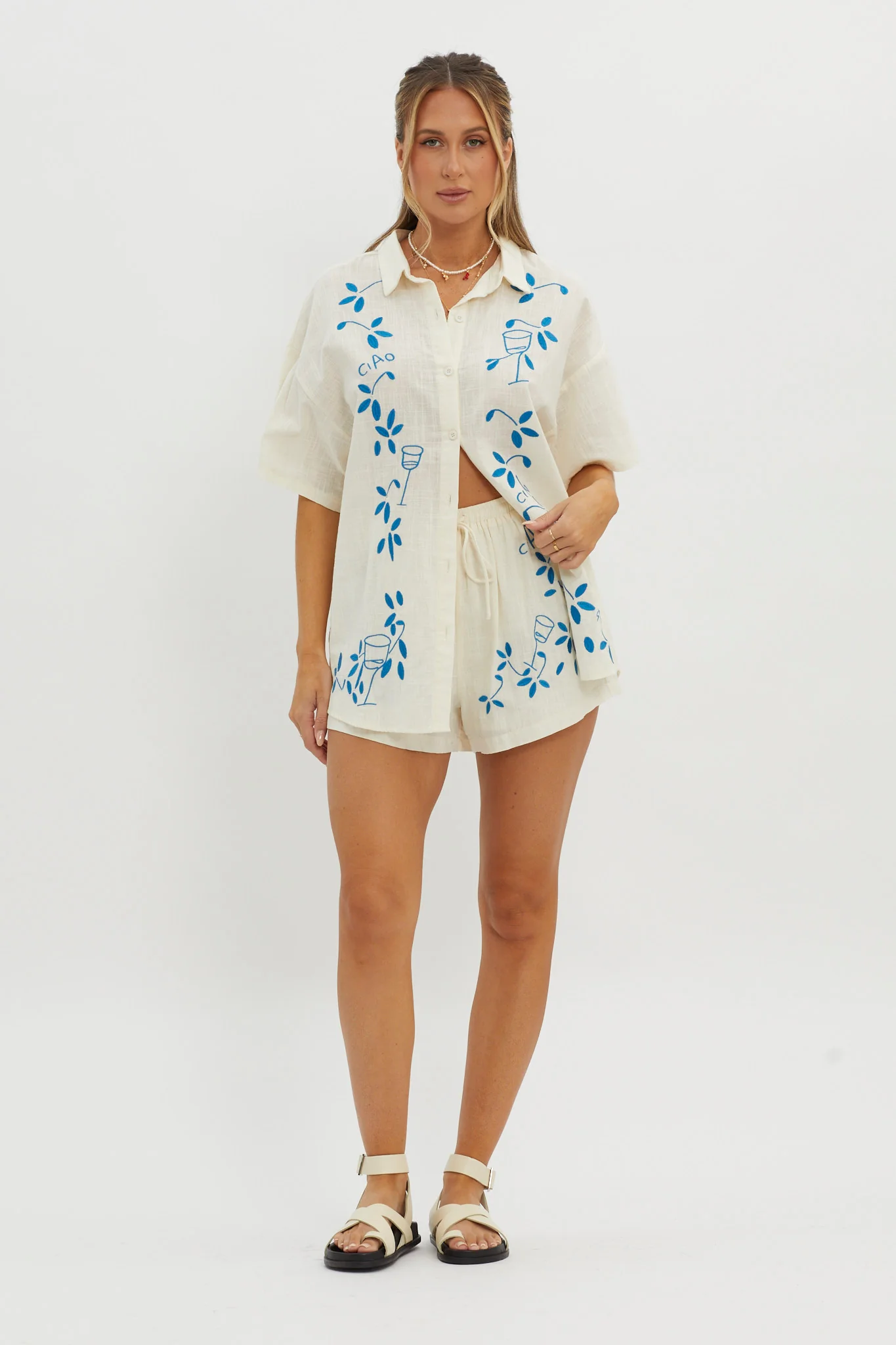Ciao Ciao Embroidered Drawstring Shorts Beige - Image 5