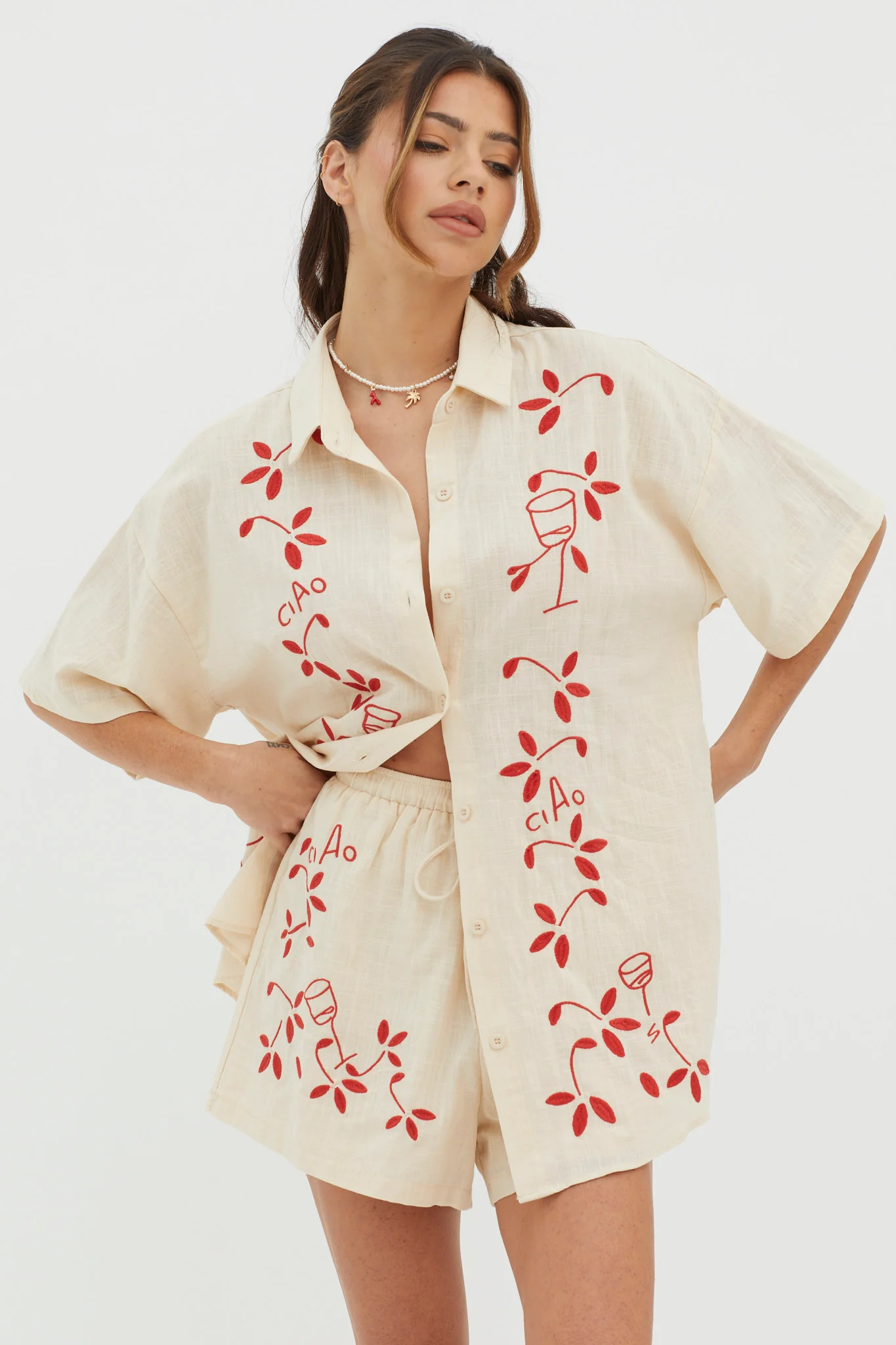 Ciao Ciao Embroidered Drawstring Shorts Oat - Image 2
