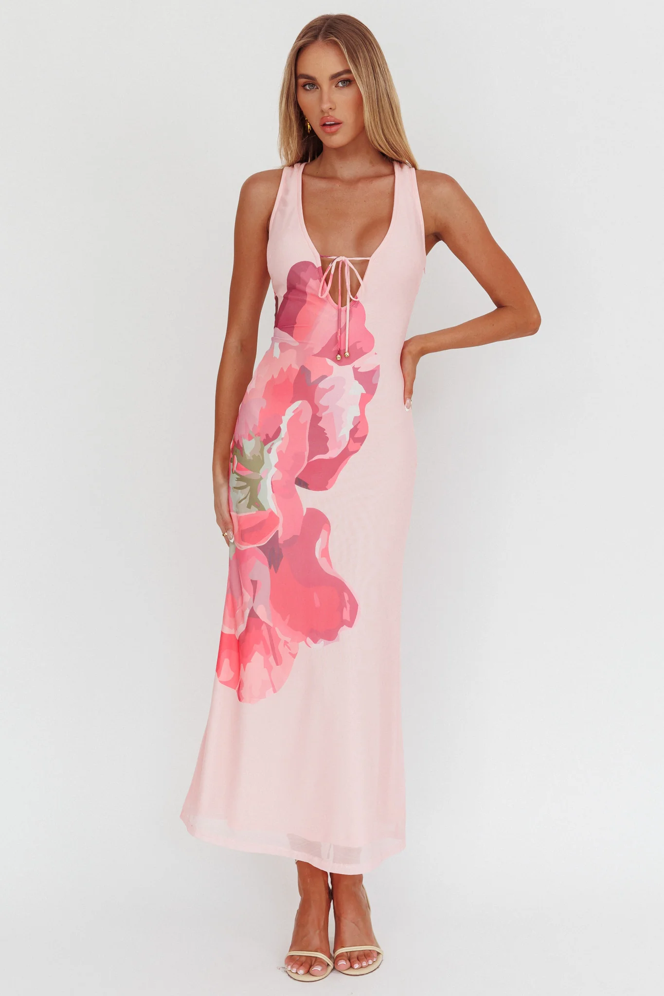 Cinders Tied Plunging Neckline Maxi Dress Flower Pink - Image 4