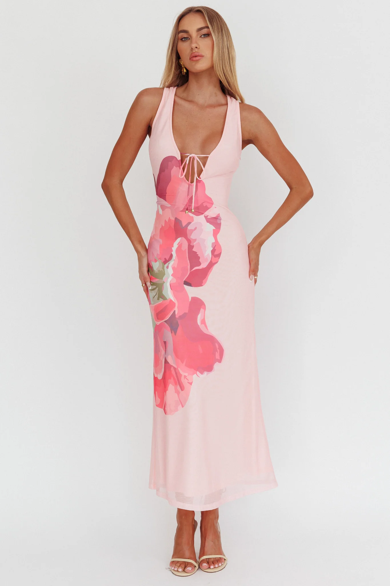Cinders Tied Plunging Neckline Maxi Dress Flower Pink - Image 5