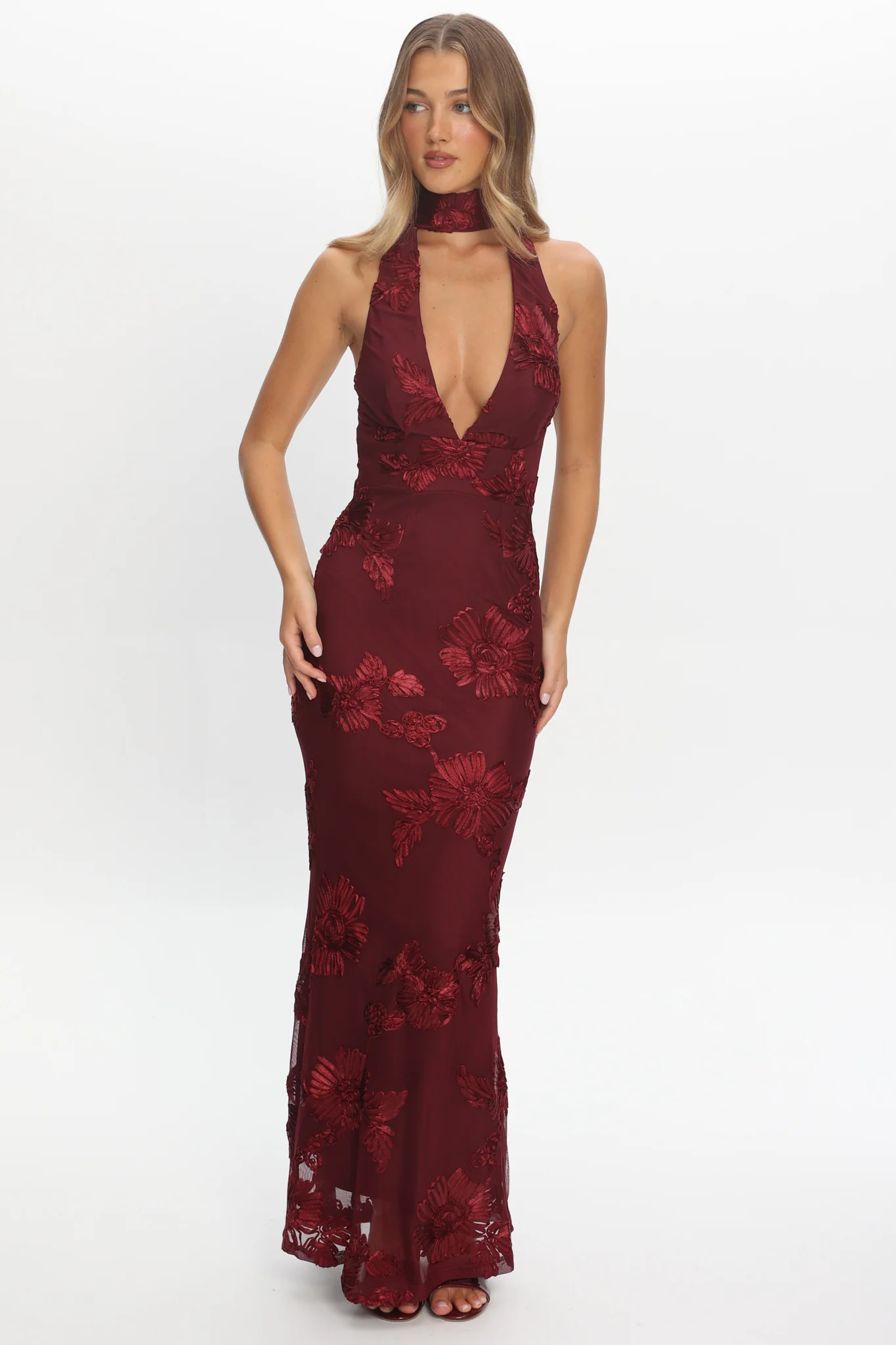 Cipriana Backless Halter Maxi Dress Embellished Wine - Image 2