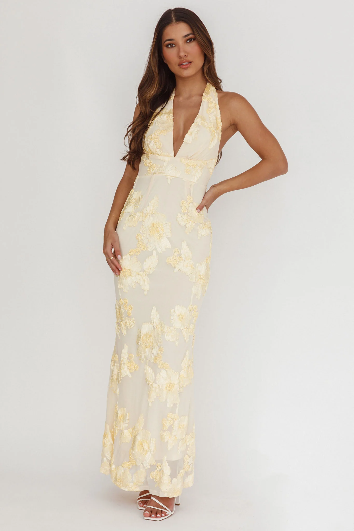 Cipriana Backless Halter Maxi Dress Embellished Yellow - Image 2