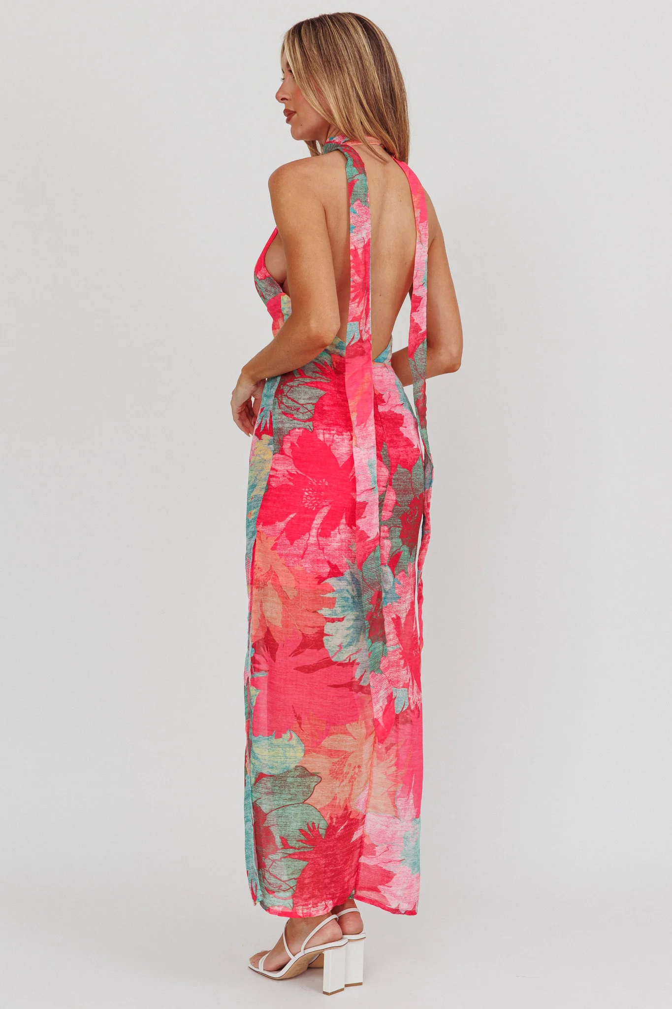Cipriana Backless Halter Maxi Dress Floral Fuchsia - Image 2
