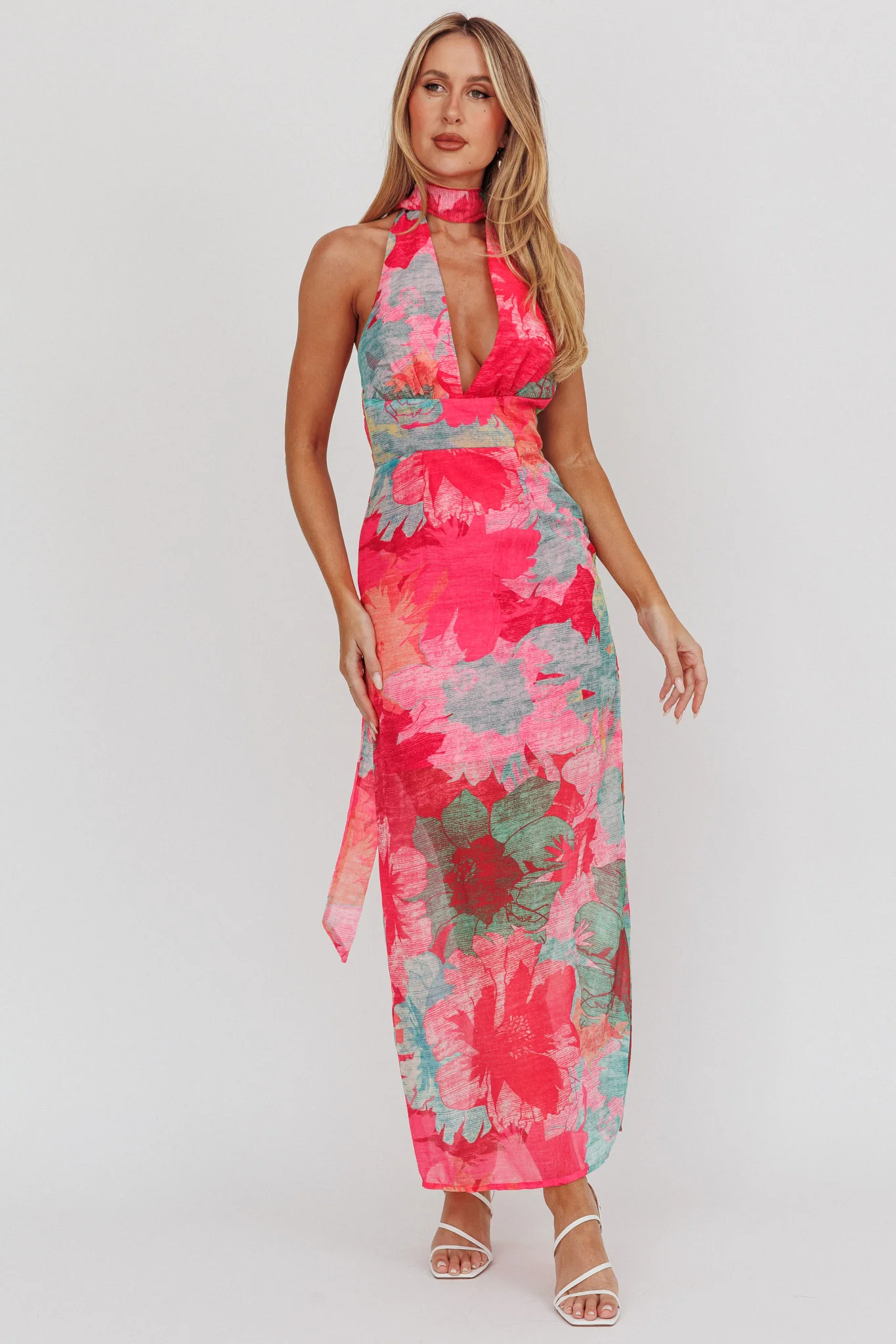 Cipriana Backless Halter Maxi Dress Floral Fuchsia - Image 3