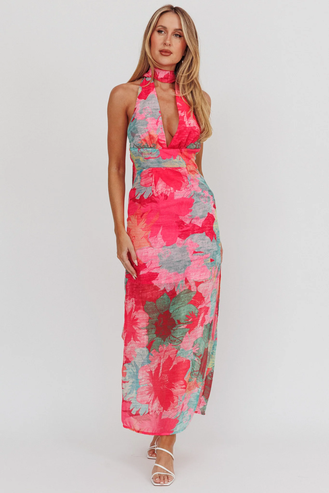 Cipriana Backless Halter Maxi Dress Floral Fuchsia - Image 5