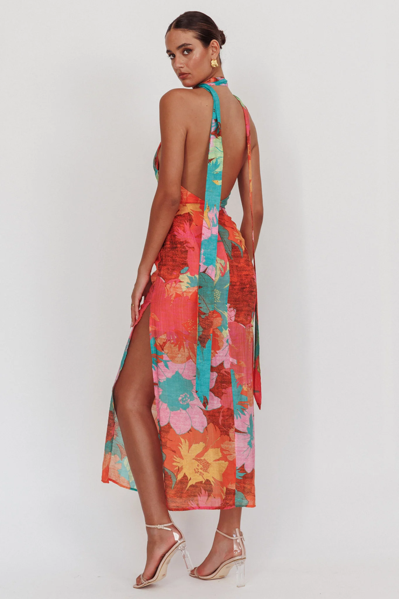 Cipriana Backless Halter Maxi Dress Floral Pink - Image 3
