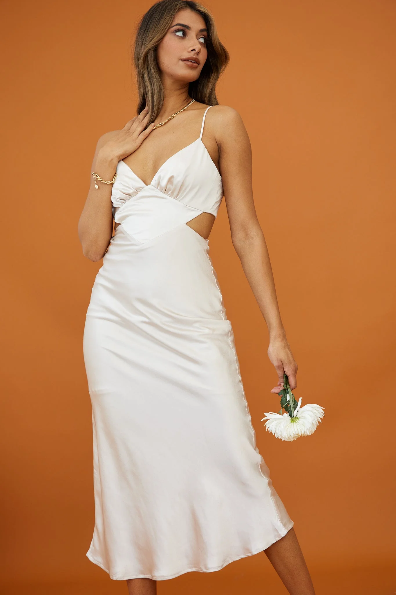 City Lights Cut-Out Waist Strappy Back Midi Dress Champagne - Image 5