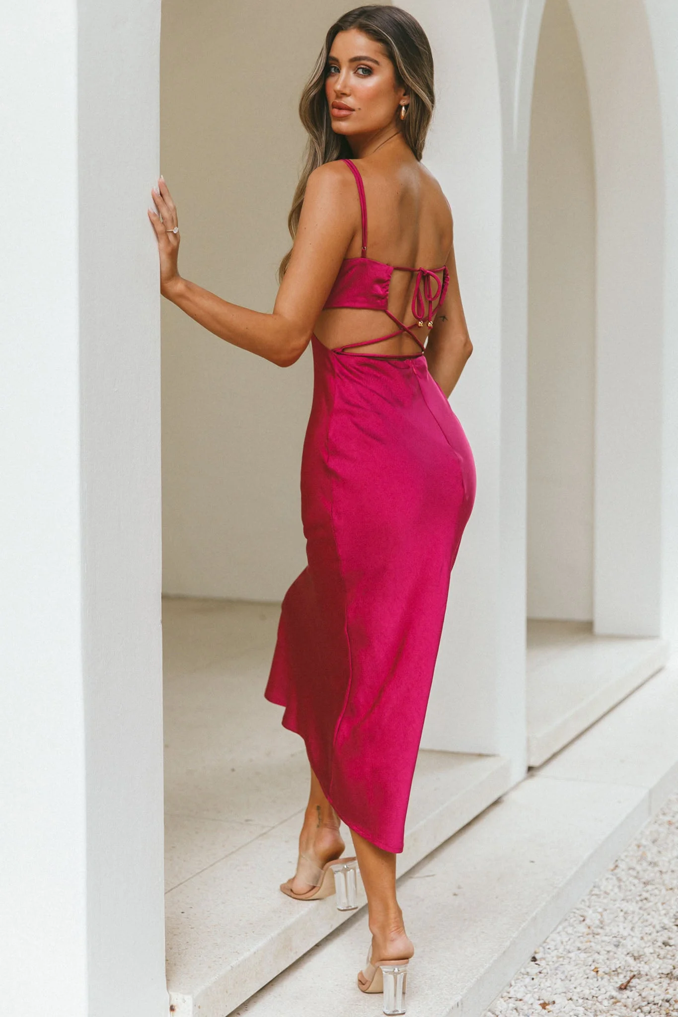 City Lights Cut-Out Waist Strappy Back Midi Dress Fuchsia - Image 2