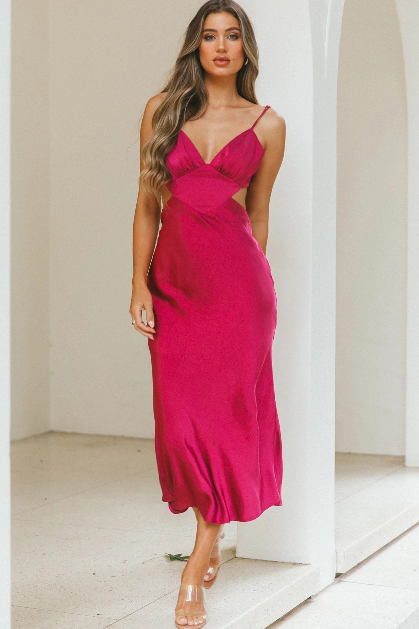 City Lights Cut-Out Waist Strappy Back Midi Dress Fuchsia - Image 4