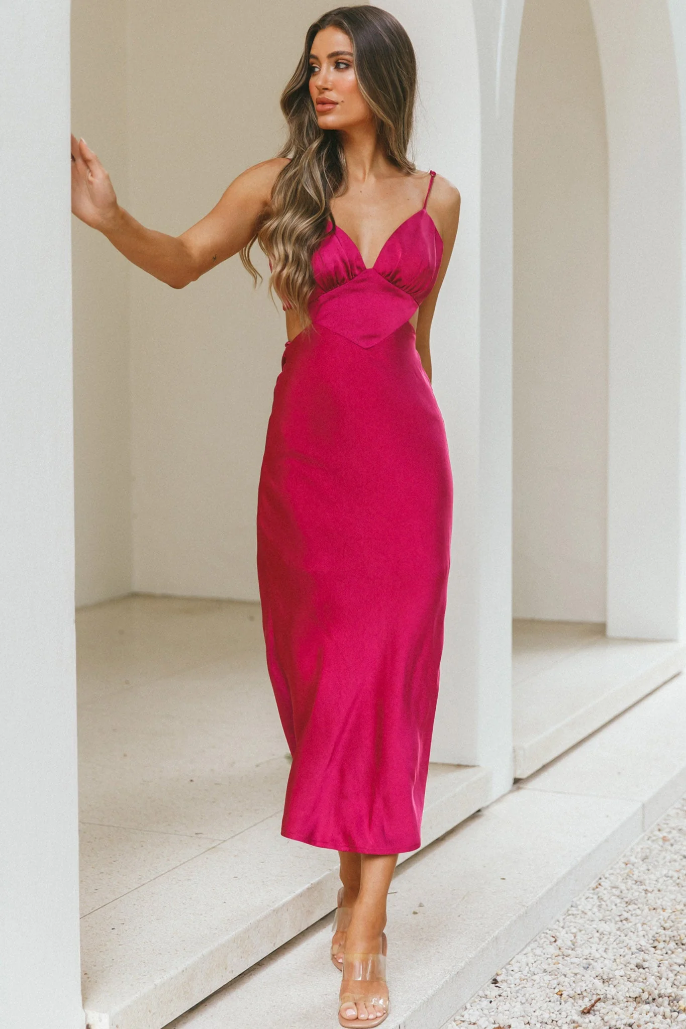 City Lights Cut-Out Waist Strappy Back Midi Dress Fuchsia - Image 7