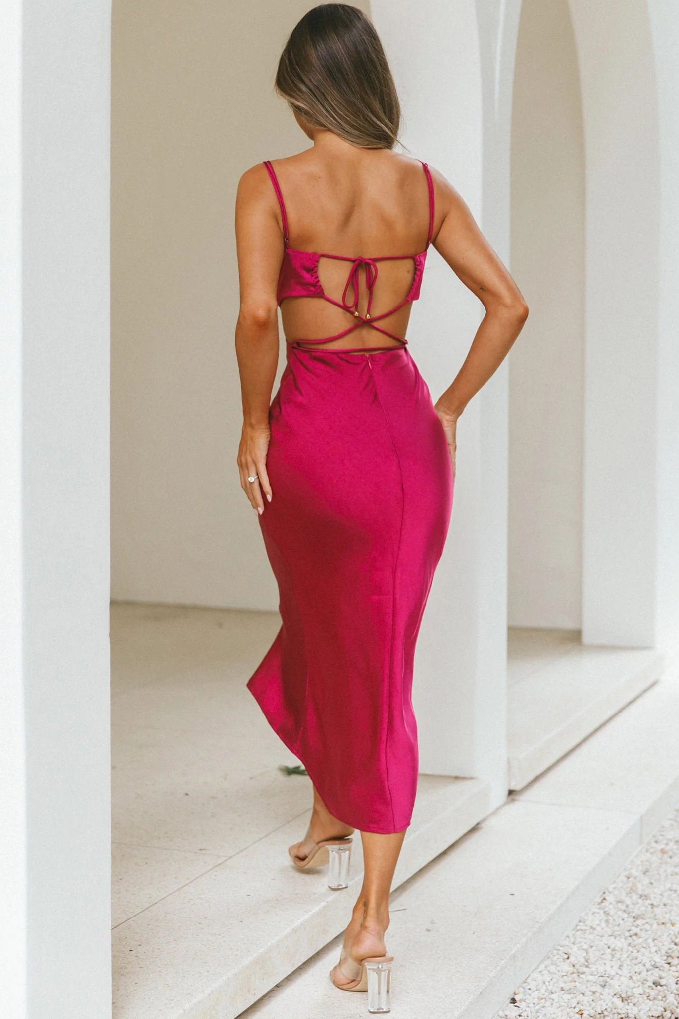 City Lights Cut-Out Waist Strappy Back Midi Dress Fuchsia - Image 8