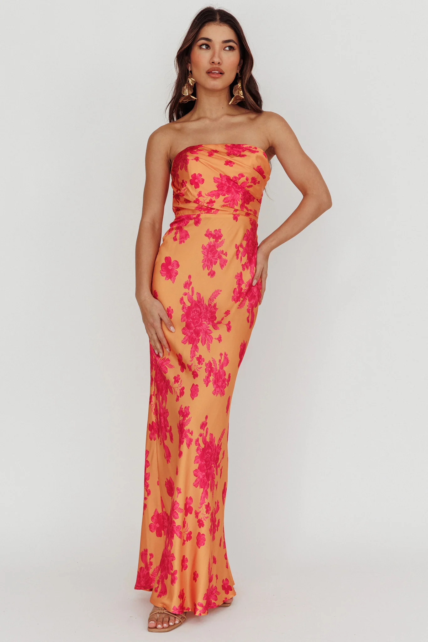City Of Stars Strapless Maxi Dress Floral Orange