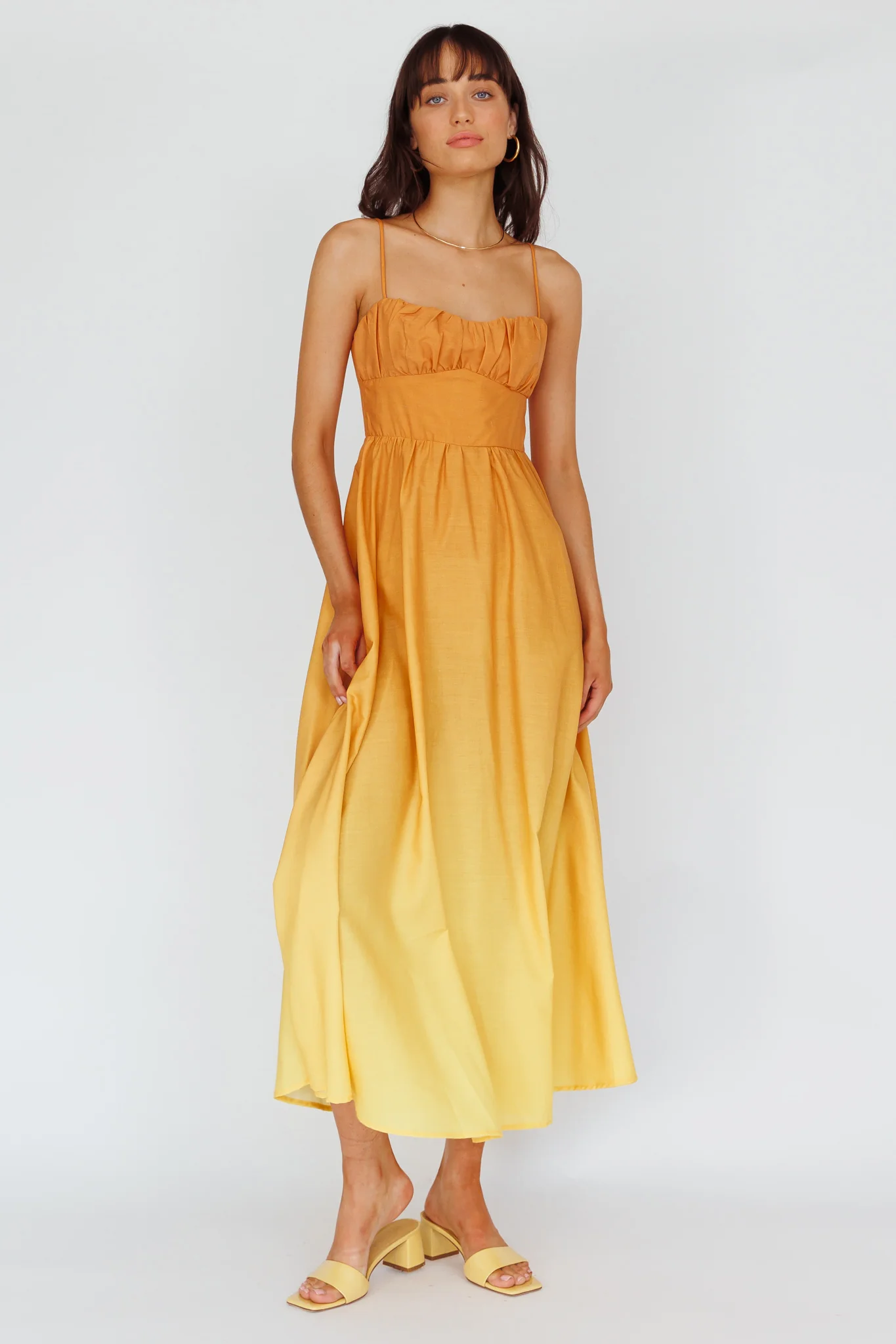 Clarabelle Gathered Bust Midi Dress Gradient Orange