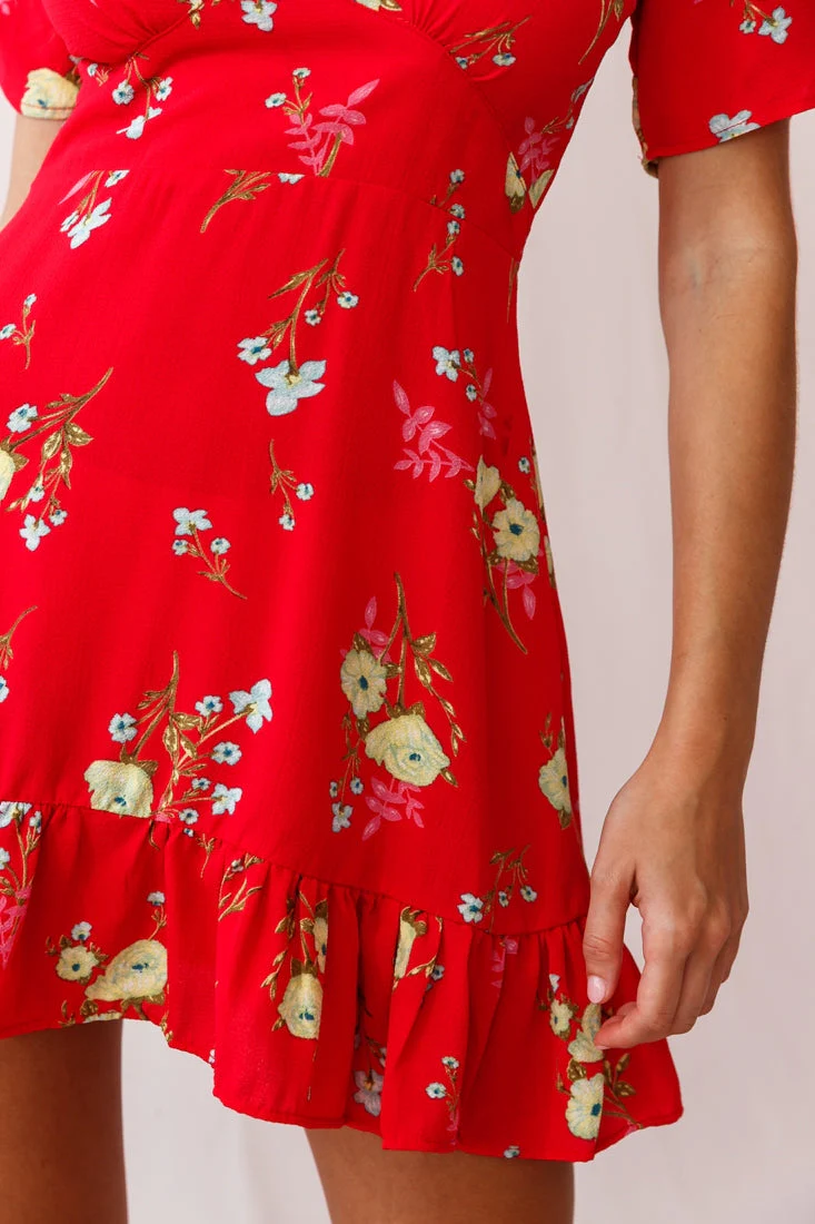 Clare Floral Puff Sleeve Mini Dress Red - Image 4