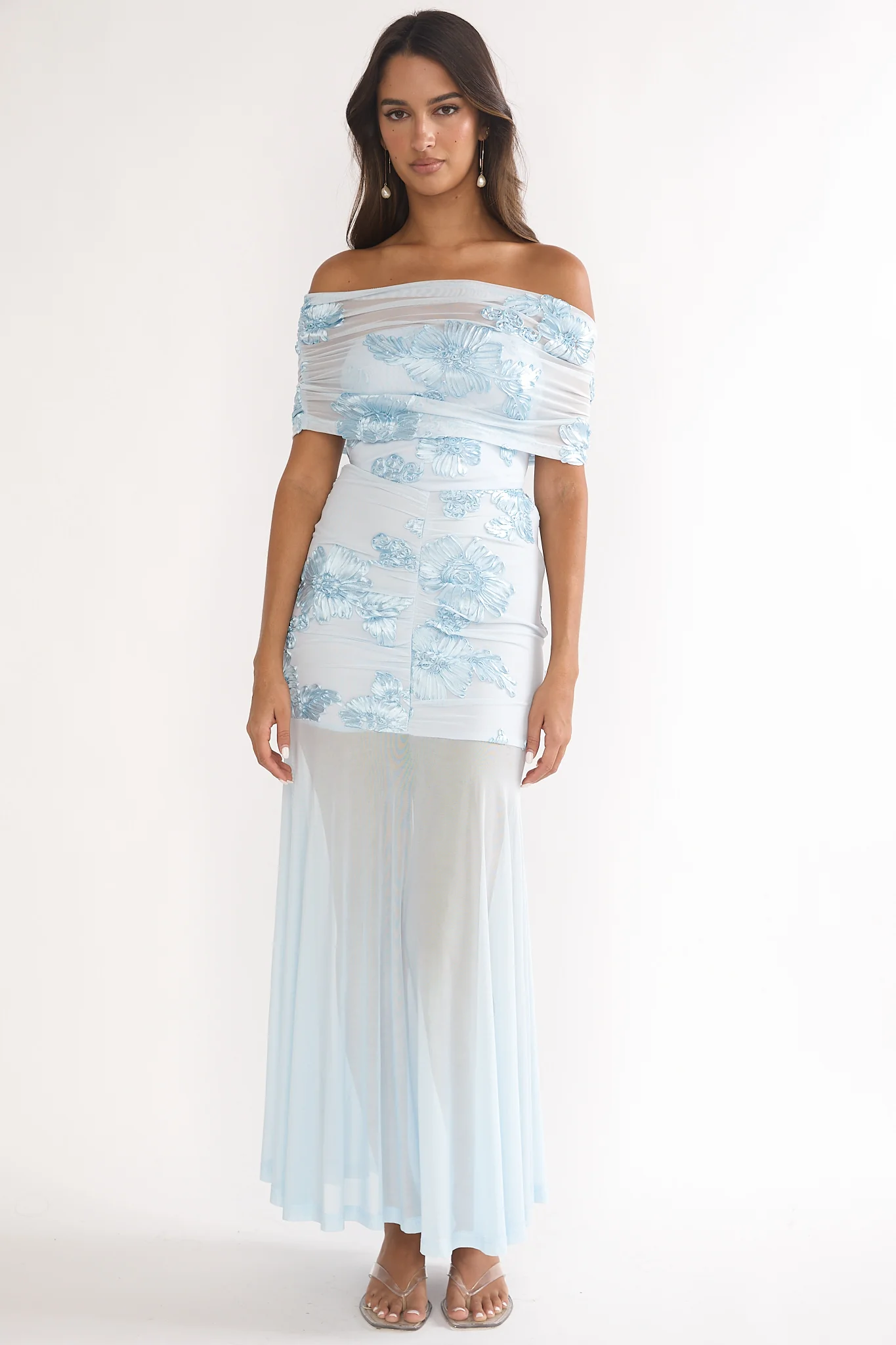 Clarita Sheer Ruched Maxi Dress Embellished Blue - Image 5