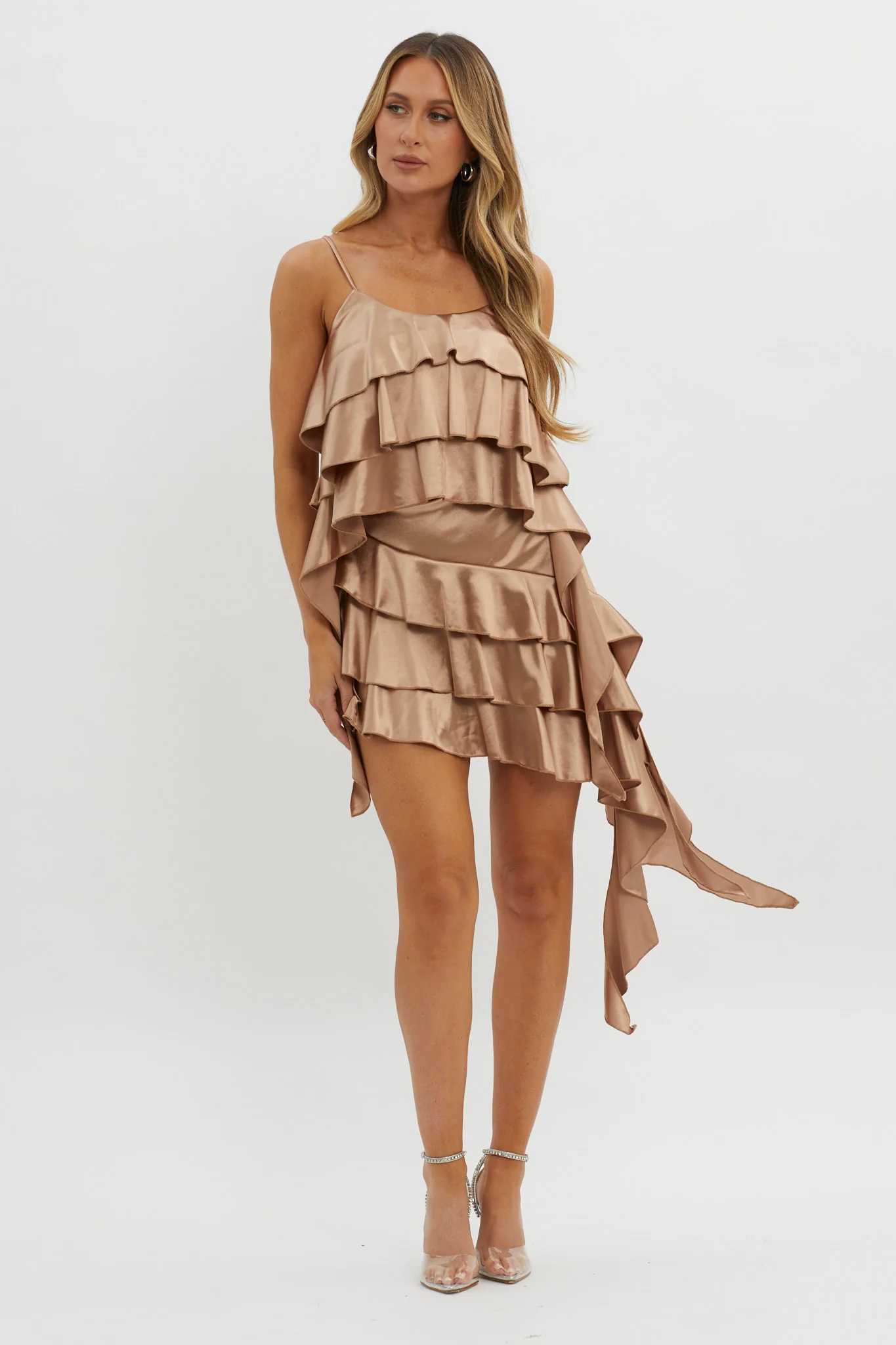 Class Act Layered Ruffle Mini Skirt Taupe - Image 5