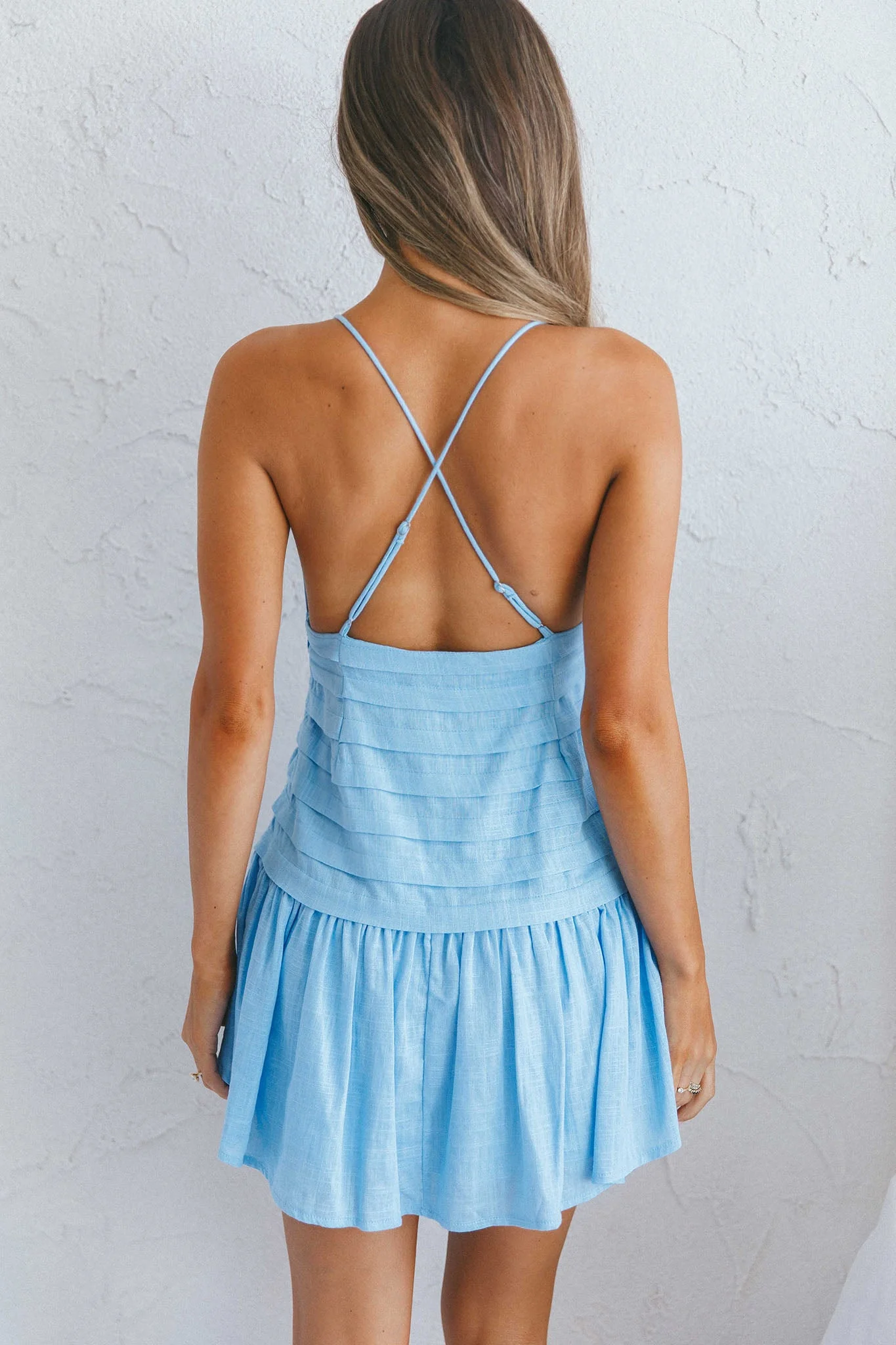Clear Skies Pintuck Pleat Wide Ruffle Hem Mini Dress Sky Blue - Image 3