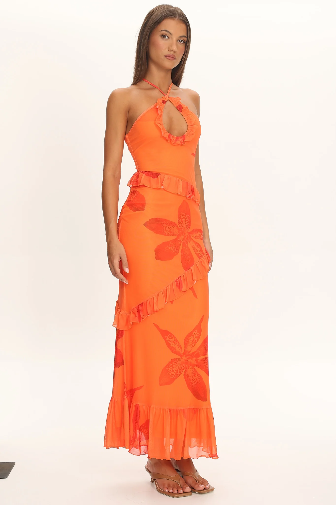 Clemence Mesh Overlay Frill Trim Maxi Dress Floral Orange - Image 4